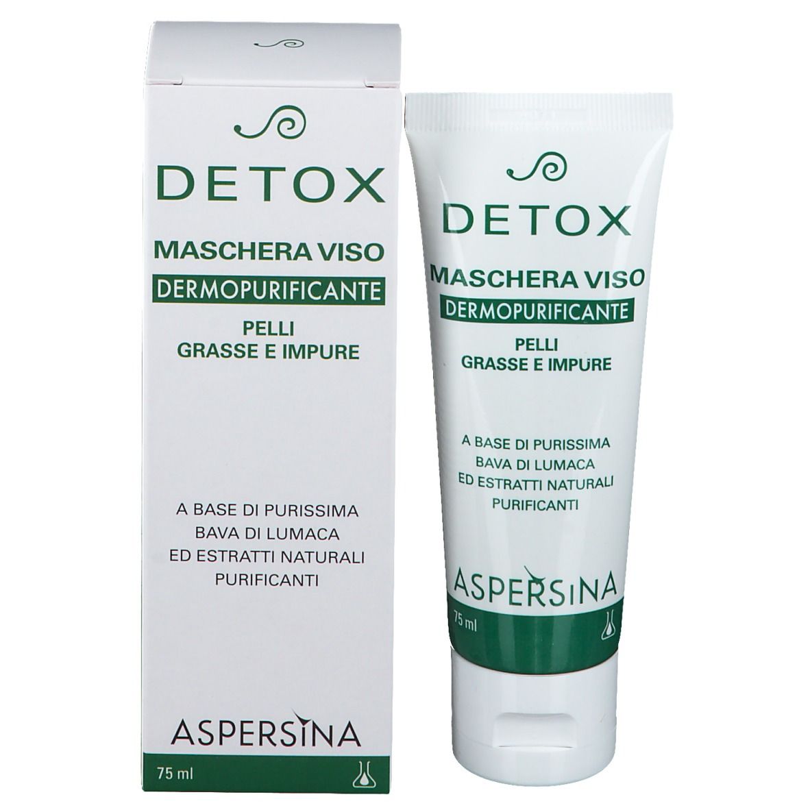 Produktverpackung: Tube und Schachtel. Aufschrift: DETOX, Gesichtsmaske, dermopurifizierend. Für fettige und unreine Haut. Marke: ASPERSINA.