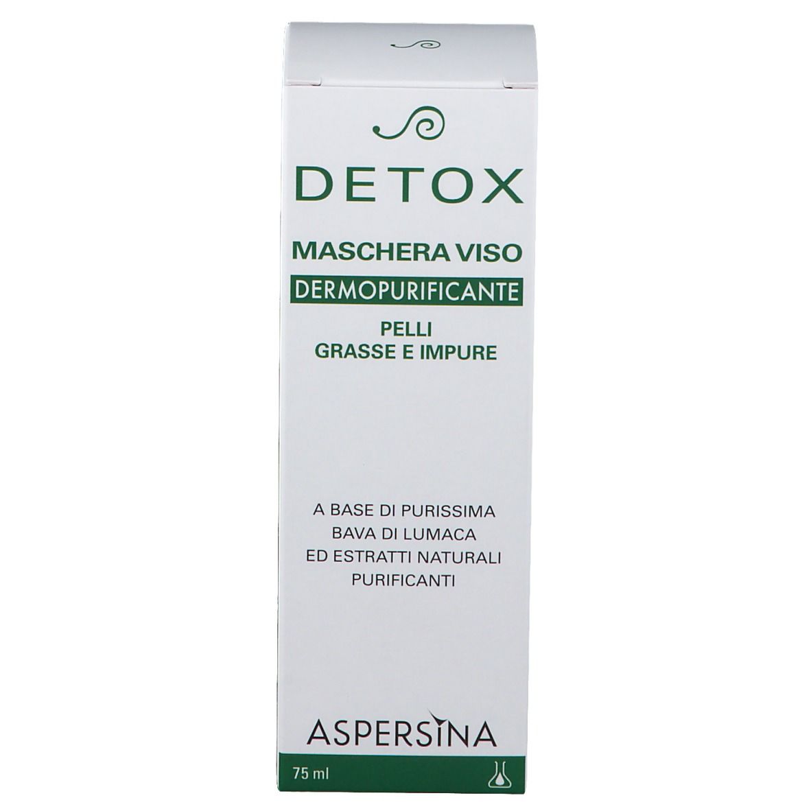 Weiße Schachtel mit grünen Akzenten. Aufschrift: DETOX, Gesichtsmaske, dermopurifizierend. Für fettige und unreine Haut. Marke: ASPERSINA.