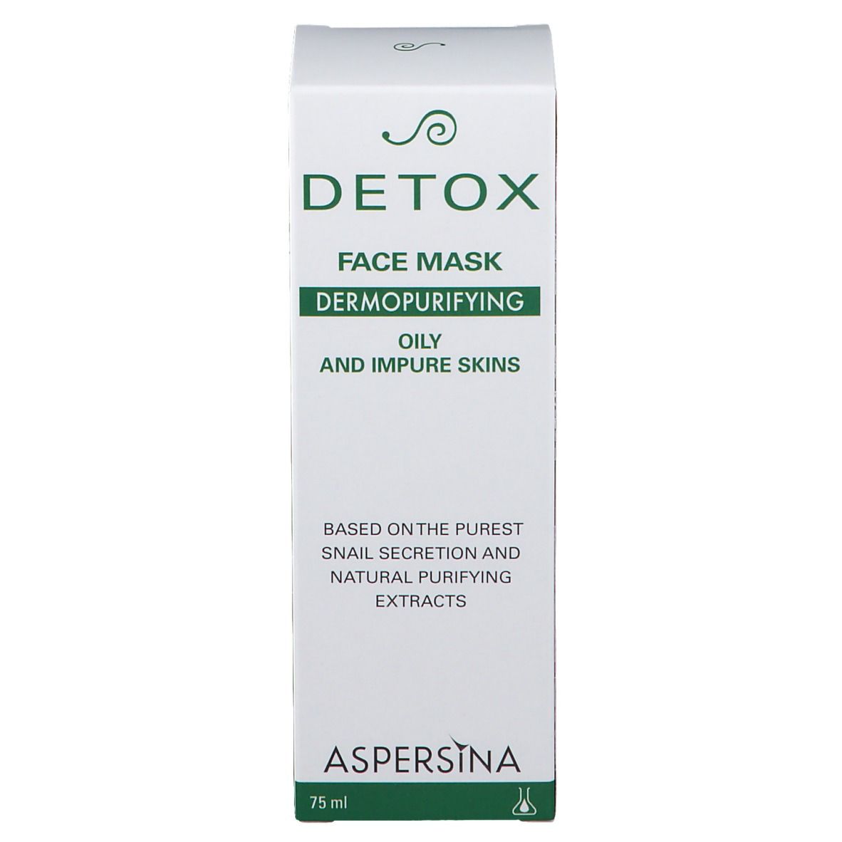 Weiße Schachtel. Aufschrift: DETOX, Gesichtsmaske, dermopurifizierend. Für fettige und unreine Haut. Enthält Schneckensekret.