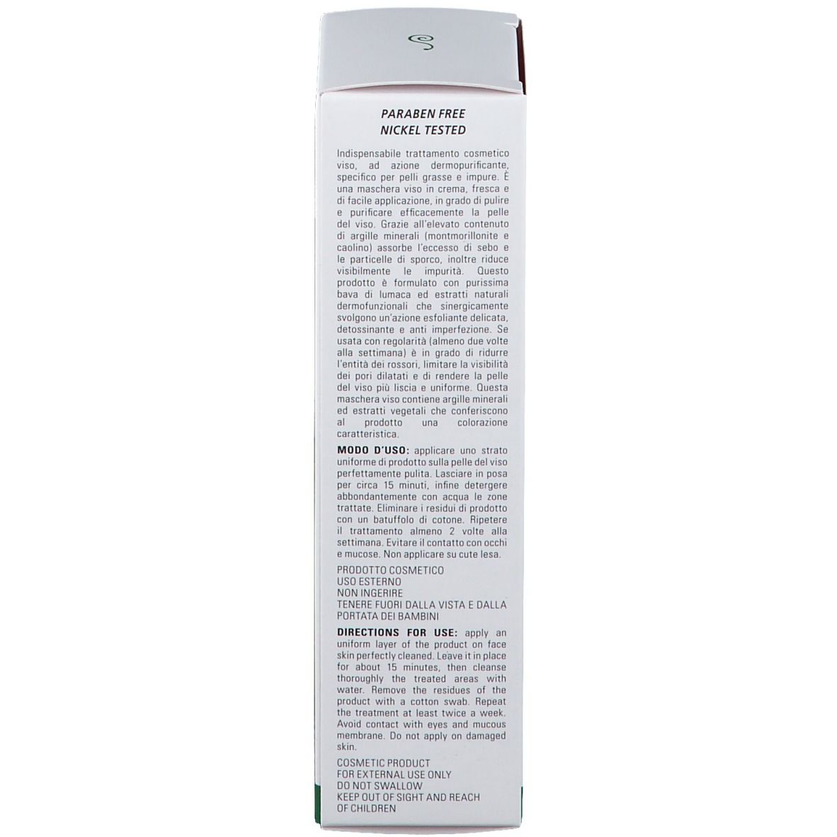 Rückseite der Schachtel. Text: Anwendungshinweise, Inhaltsstoffe, Herstellerinformationen. Frei von Parabenen und Nickel.