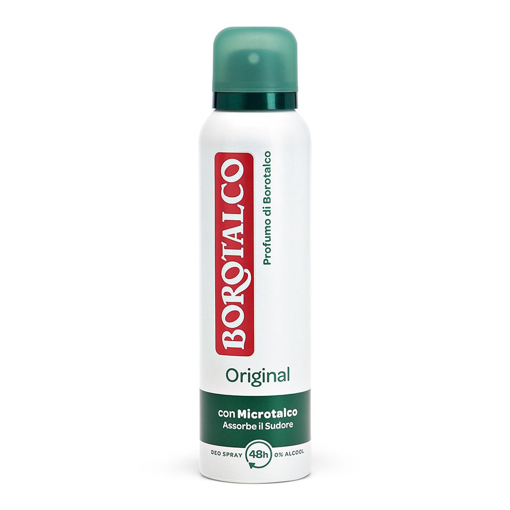 Deospray BOROTALCO Original. Weiße Dose mit grünem Deckel. Roter Schriftzug BOROTALCO, darunter Original. Mit Microtalco.