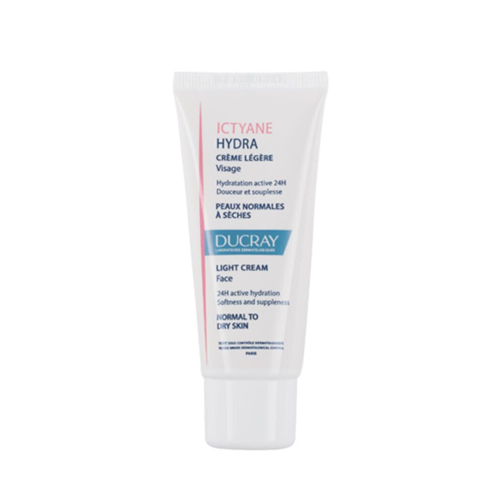 Tube blanc ICTYANE HYDRA, Crème Légère Visage. Pour peaux normales à sèches. Marque DUCRAY.