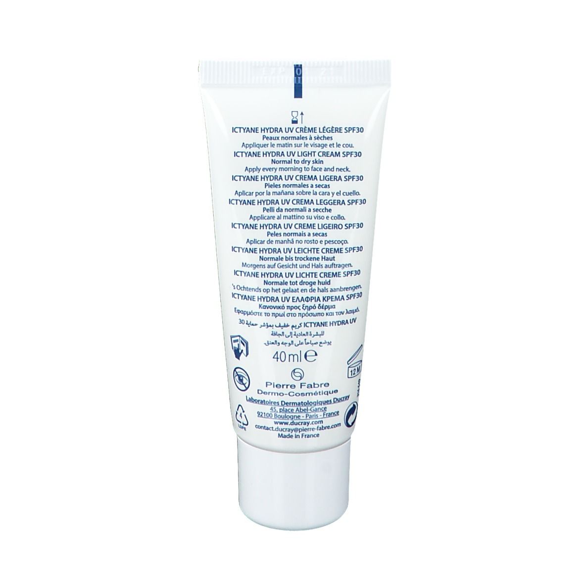 Dos du tube. Ictyane Hydra UV Crème Légère SPF30. 40ml. Ingrédients et informations fabricant.