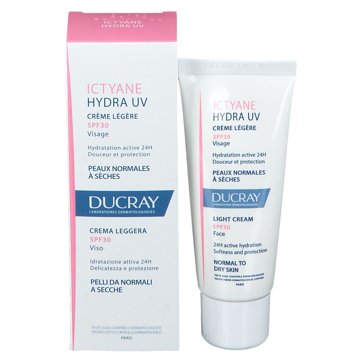 Emballage produit avec tube et boîte. Ictyane Hydra UV Crème Légère SPF30. Pour peaux normales à sèches.