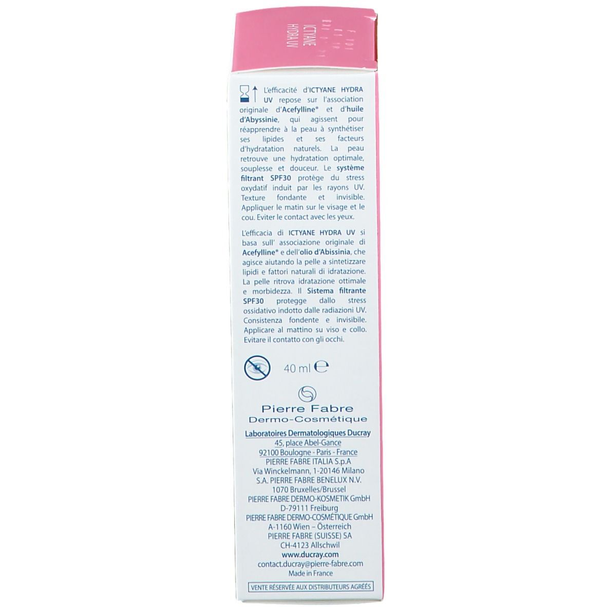 Dos de la boîte. Ictyane Hydra UV Crème Légère SPF30. 40 ml. Ingrédients et informations fabricant.