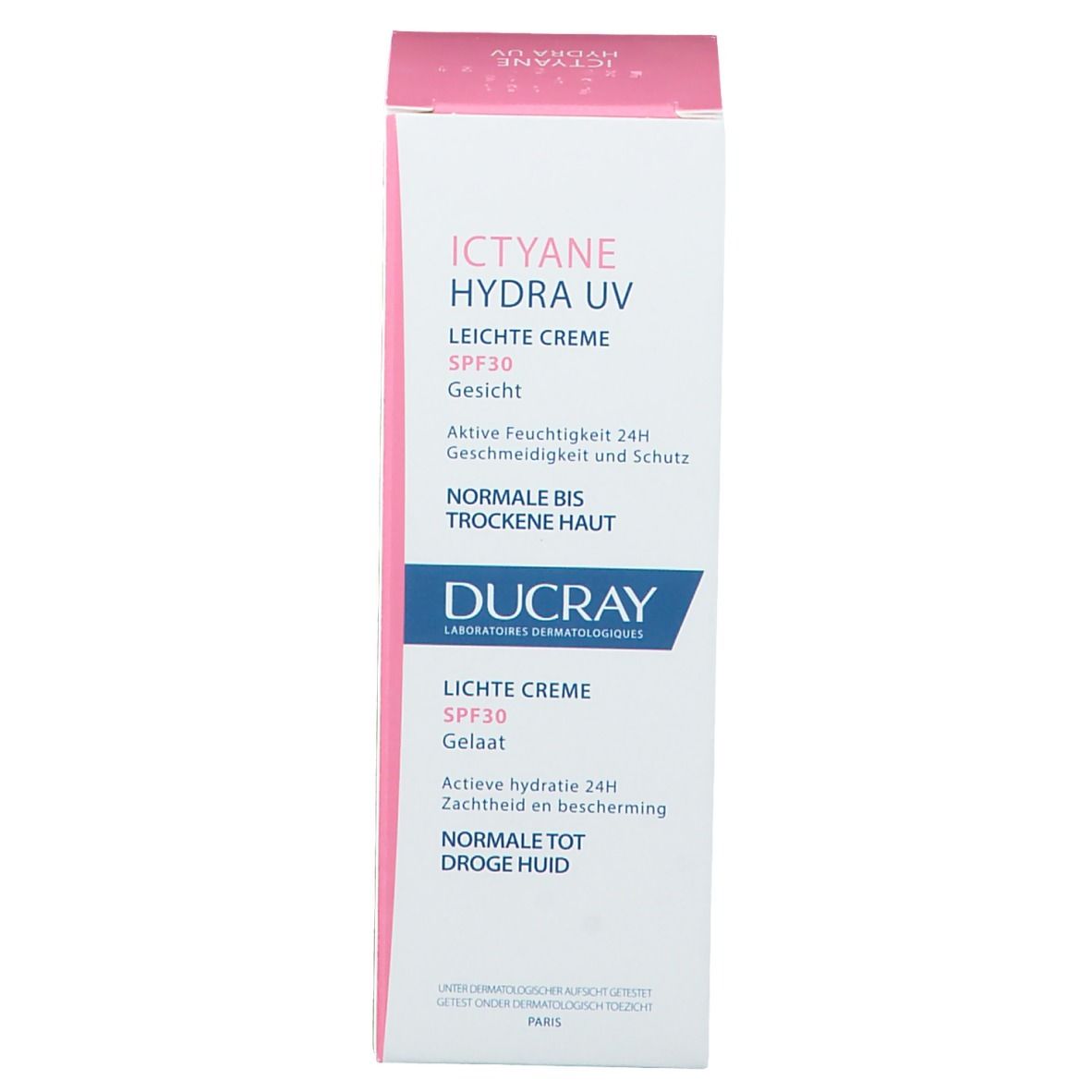 Boîte avec Ictyane Hydra UV Crème Légère SPF30. Pour peaux normales à sèches. Ingrédients au dos.