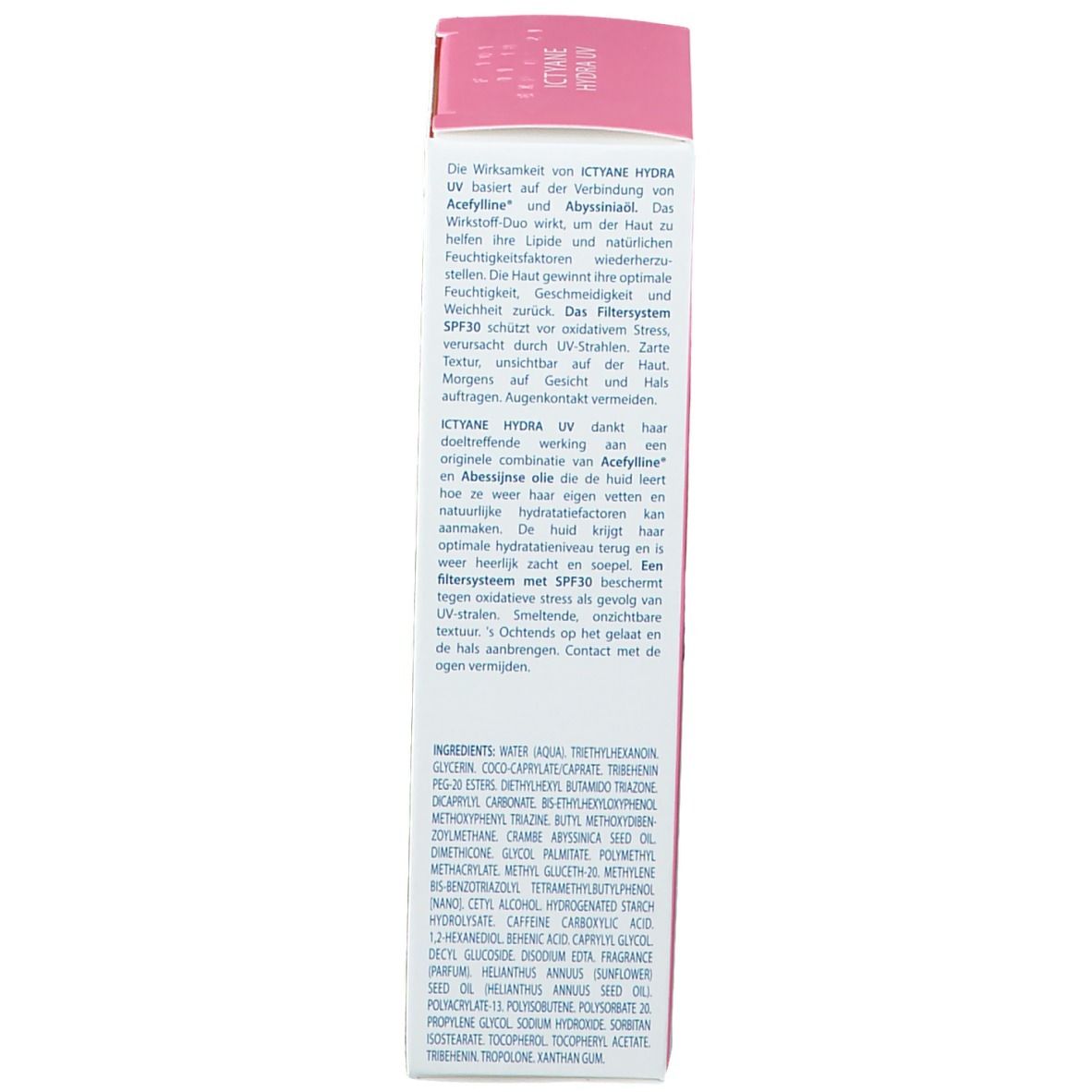 Dos de la boîte. Ictyane Hydra UV Crème Légère SPF30. Ingrédients et informations fabricant.