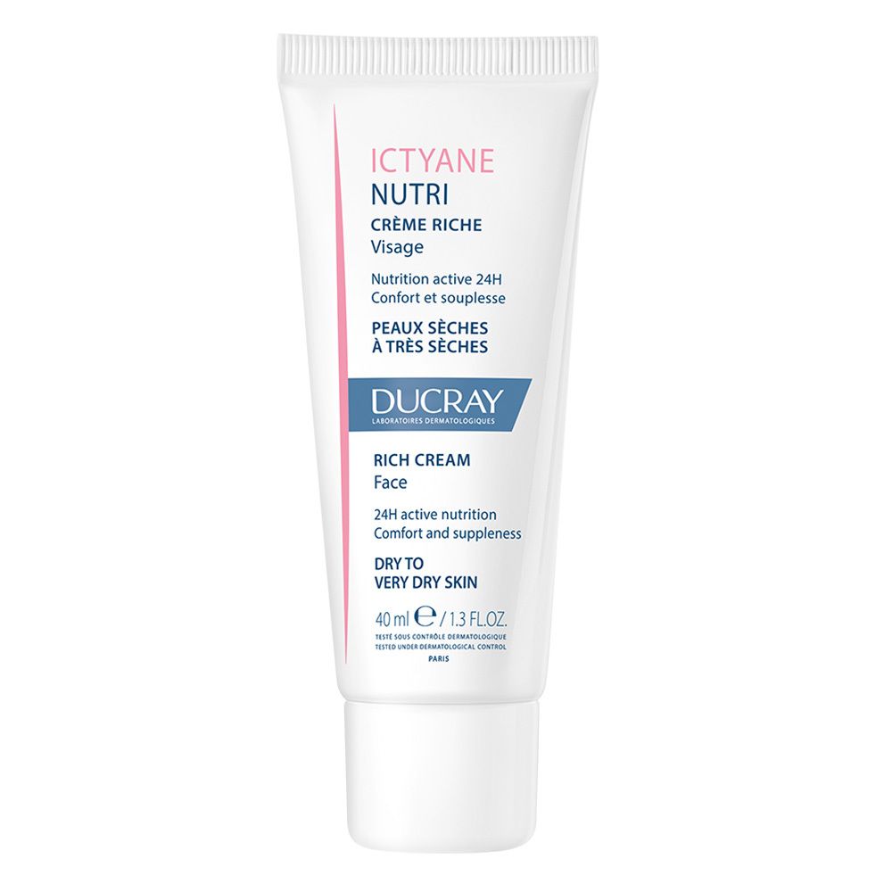 Tube blanc avec texte rose et bleu. Ictyane Nutri Crème Riche Visage, Ducray. Pour peaux sèches à très sèches.