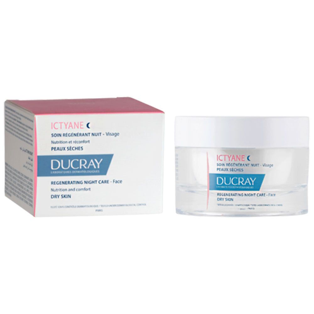 Creme-Tiegel und Schachtel. Aufschrift: ICTYANE, DUCRAY. Regenerierende Nachtpflege für trockene Haut.