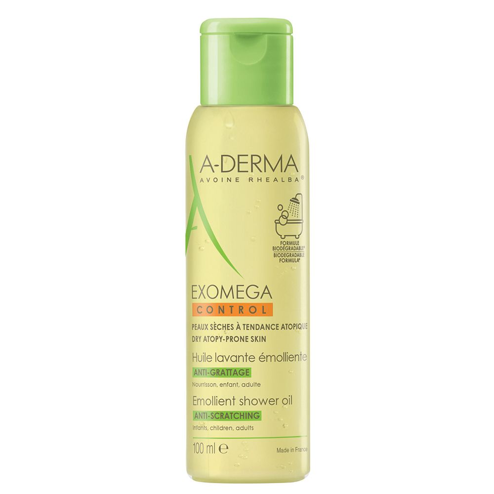 A-Derma EXOMEGA CONTROL Duschöl-Flasche. Grün-weiße Flasche mit grünem Deckel. Text: EXOMEGA CONTROL, für trockene, zu Neurodermitis neigende Haut.