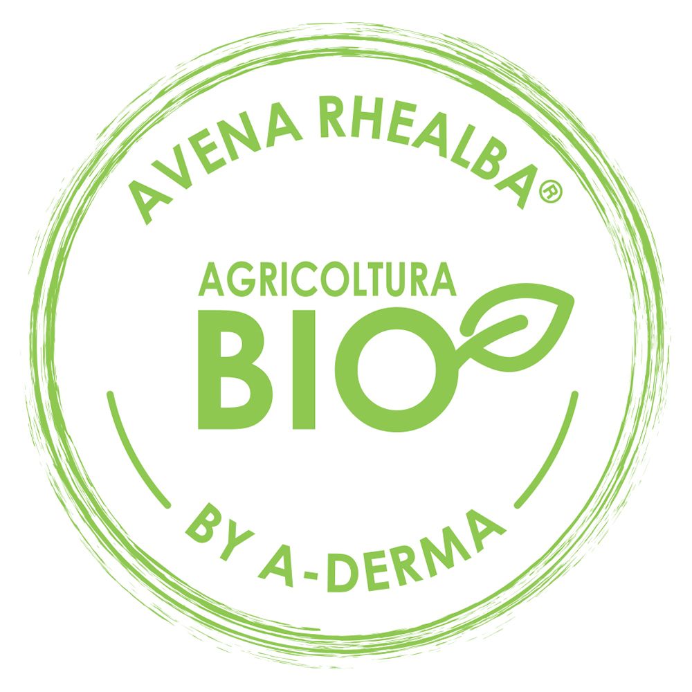 Runder grüner Aufkleber mit Text: AVENA RHEALBA, AGRICOLTURA BIO, BY A-DERMA.  