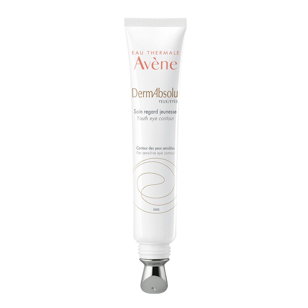 Tube blanc avec applicateur argenté. Inscription: Eau Thermale Avène, DermAbsolu, Youth eye contour.