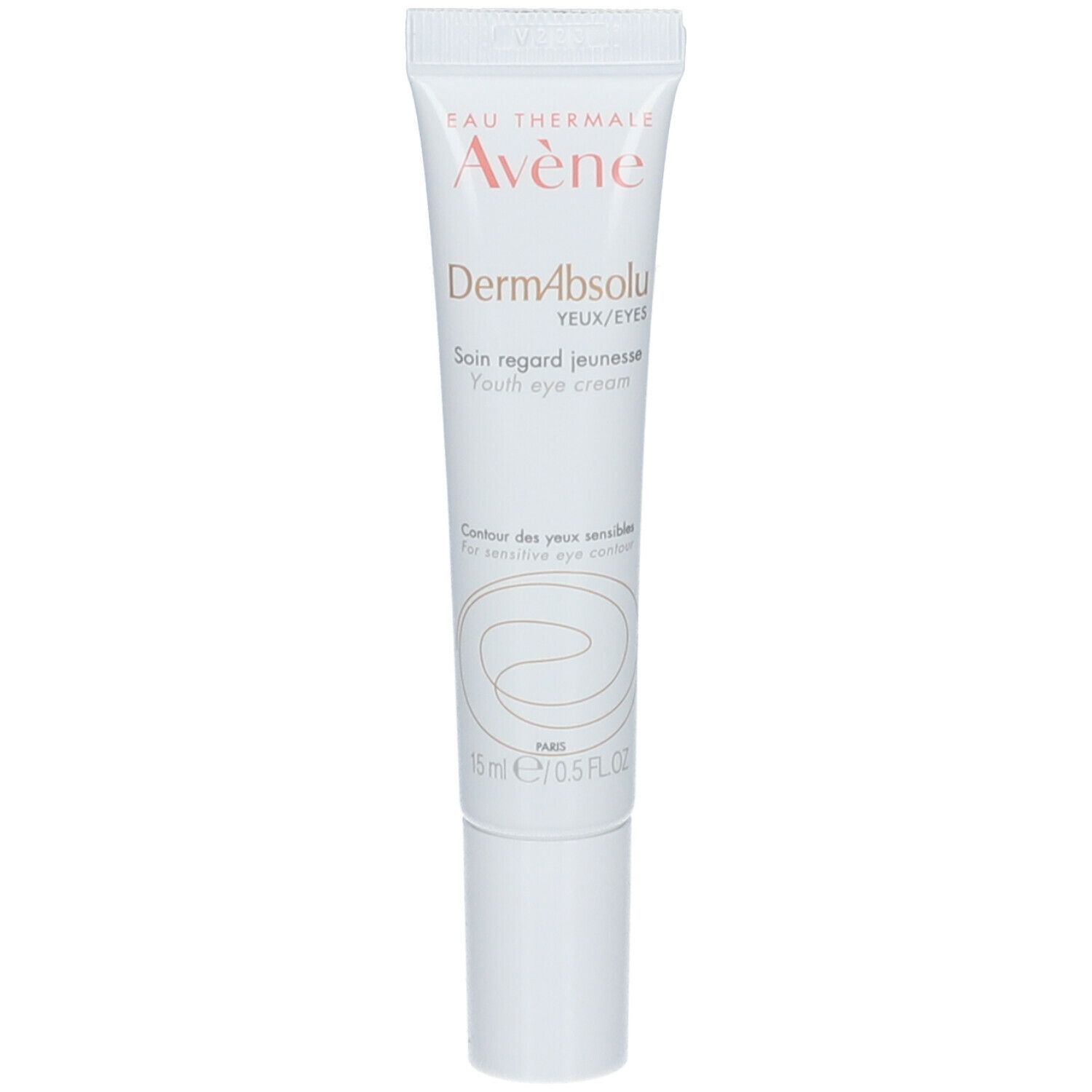 Tube blanc avec inscription: Eau Thermale Avène, DermAbsolu, Youth eye cream. 15 ml.