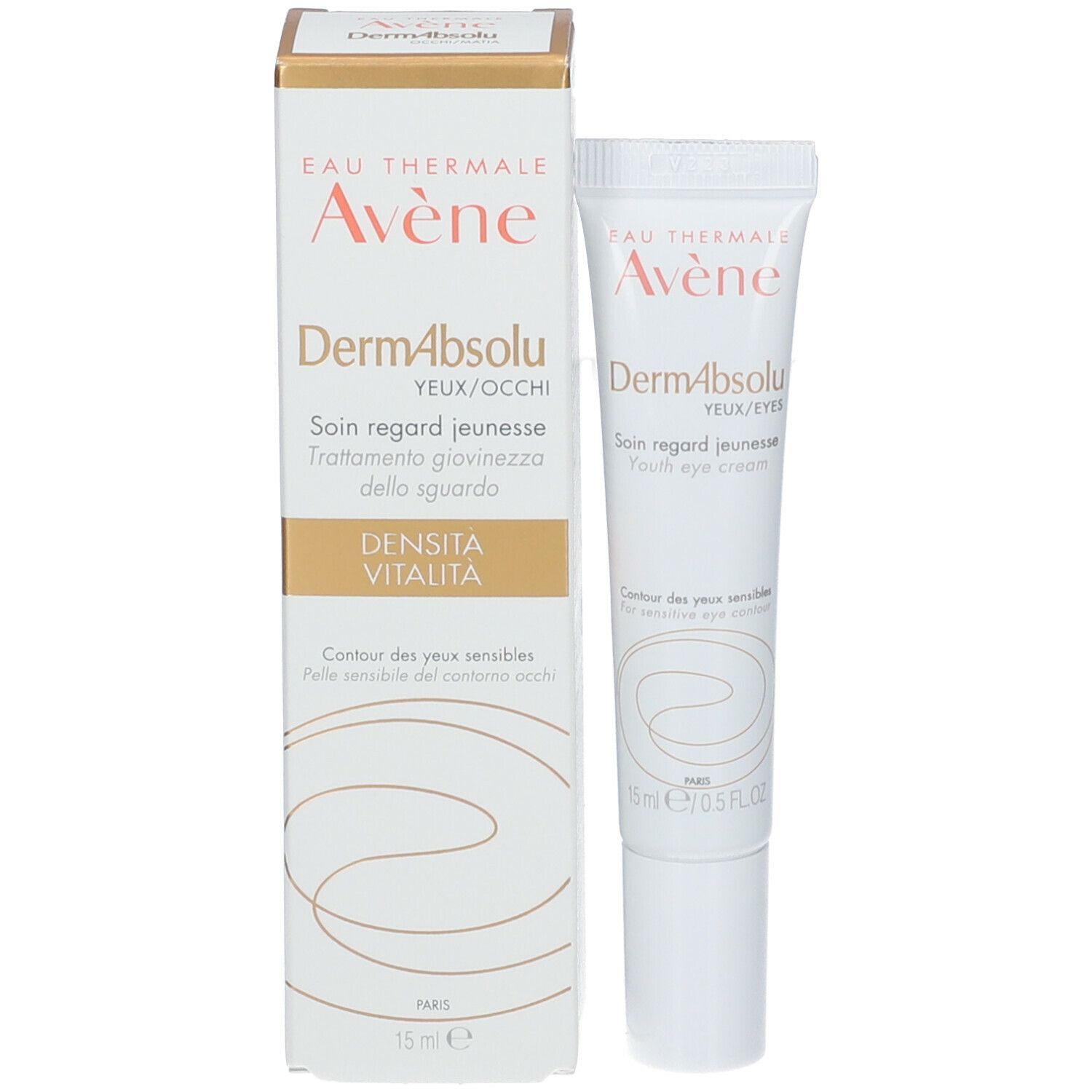 Boîte avec tube. Inscription: Eau Thermale Avène, DermAbsolu, Youth eye cream. 15 ml.