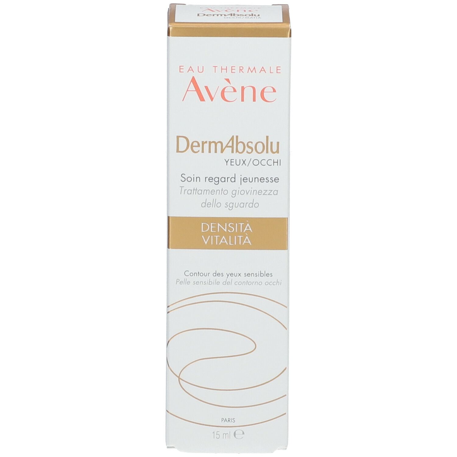 Boîte. Inscription: Eau Thermale Avène, DermAbsolu, Youth eye cream. 15 ml. Texte multilingue.