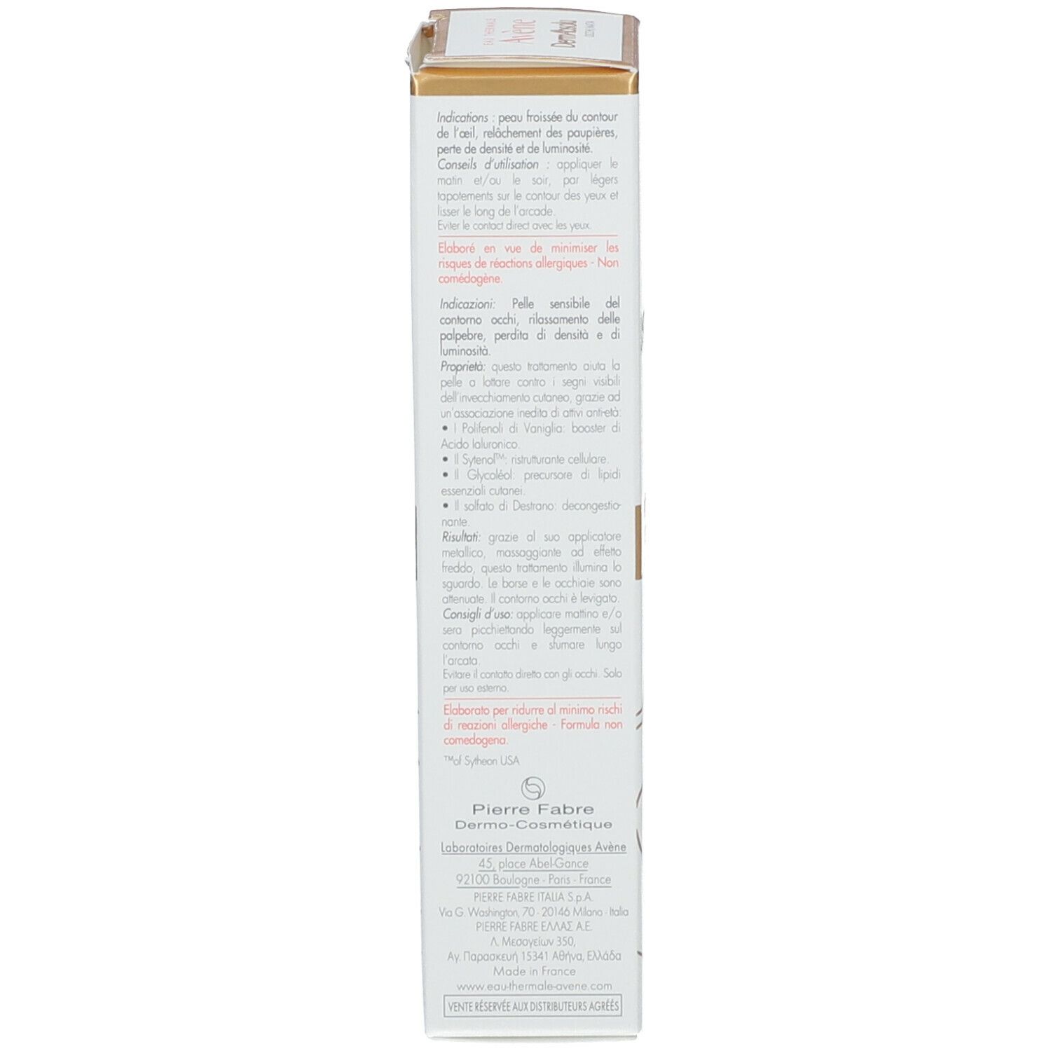 Côté de la boîte. Texte multilingue. Ingrédients et instructions d'utilisation.