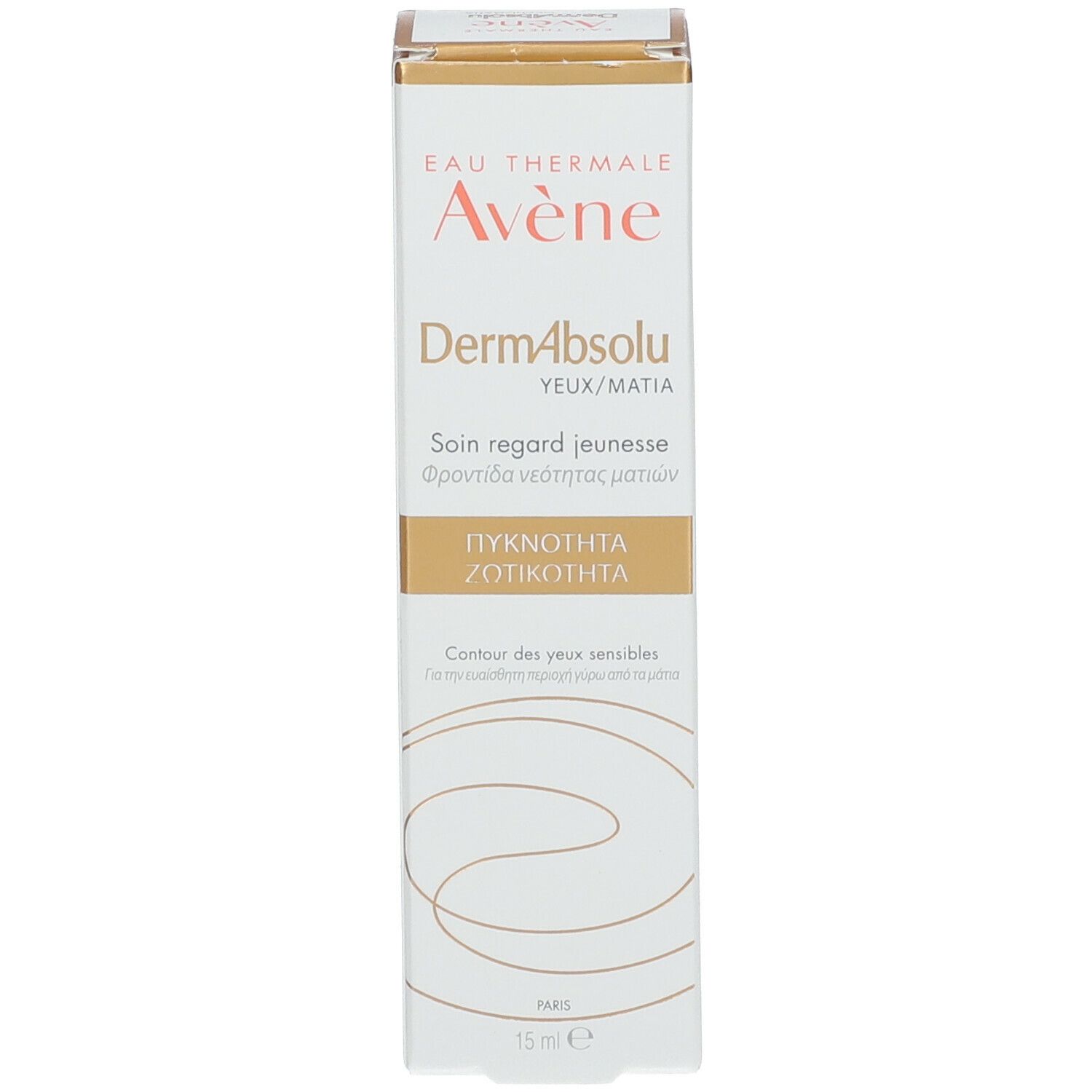 Boîte. Inscription: Eau Thermale Avène, DermAbsolu, Youth eye cream. 15 ml. Texte multilingue.