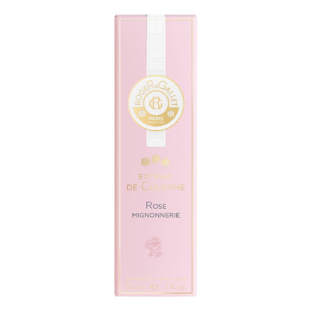 Rosa-Duft-Verpackung. Rosa rechteckige Schachtel mit weißem Streifen. Logo und Text: Roger&Gallet, Extrait de Cologne, Rose Mignonnerie.