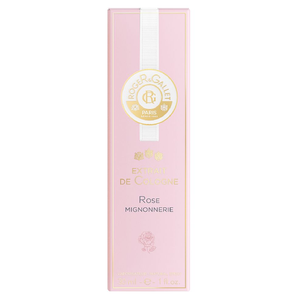 Rosa-Duft-Verpackung. Rosa rechteckige Schachtel mit weißem Streifen. Logo und Text: Roger&Gallet, Extrait de Cologne, Rose Mignonnerie.