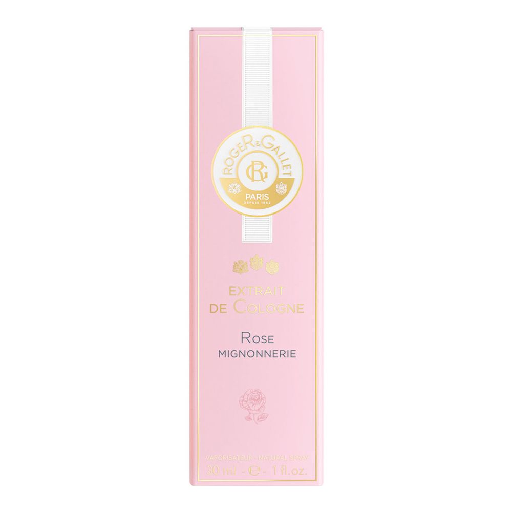 Rosa-Duft-Verpackung. Rosa rechteckige Schachtel mit weißem Streifen. Logo und Text: Roger&Gallet, Extrait de Cologne, Rose Mignonnerie.