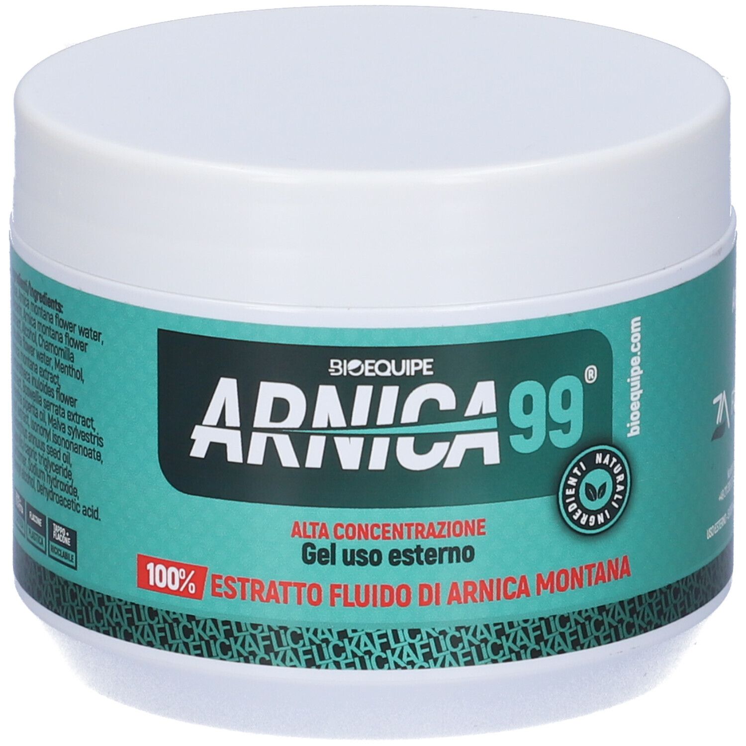 Pot blanc avec étiquette verte. Inscription: Arnica 99, Alta Concentrazione, 100% Estratto fluido di Arnica Montana.