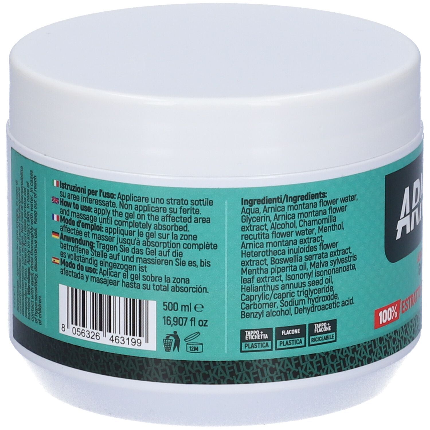 Dos du pot blanc avec étiquette verte. Texte: Ingrédients, mode d'emploi, 500 ml, 16,907 fl oz.