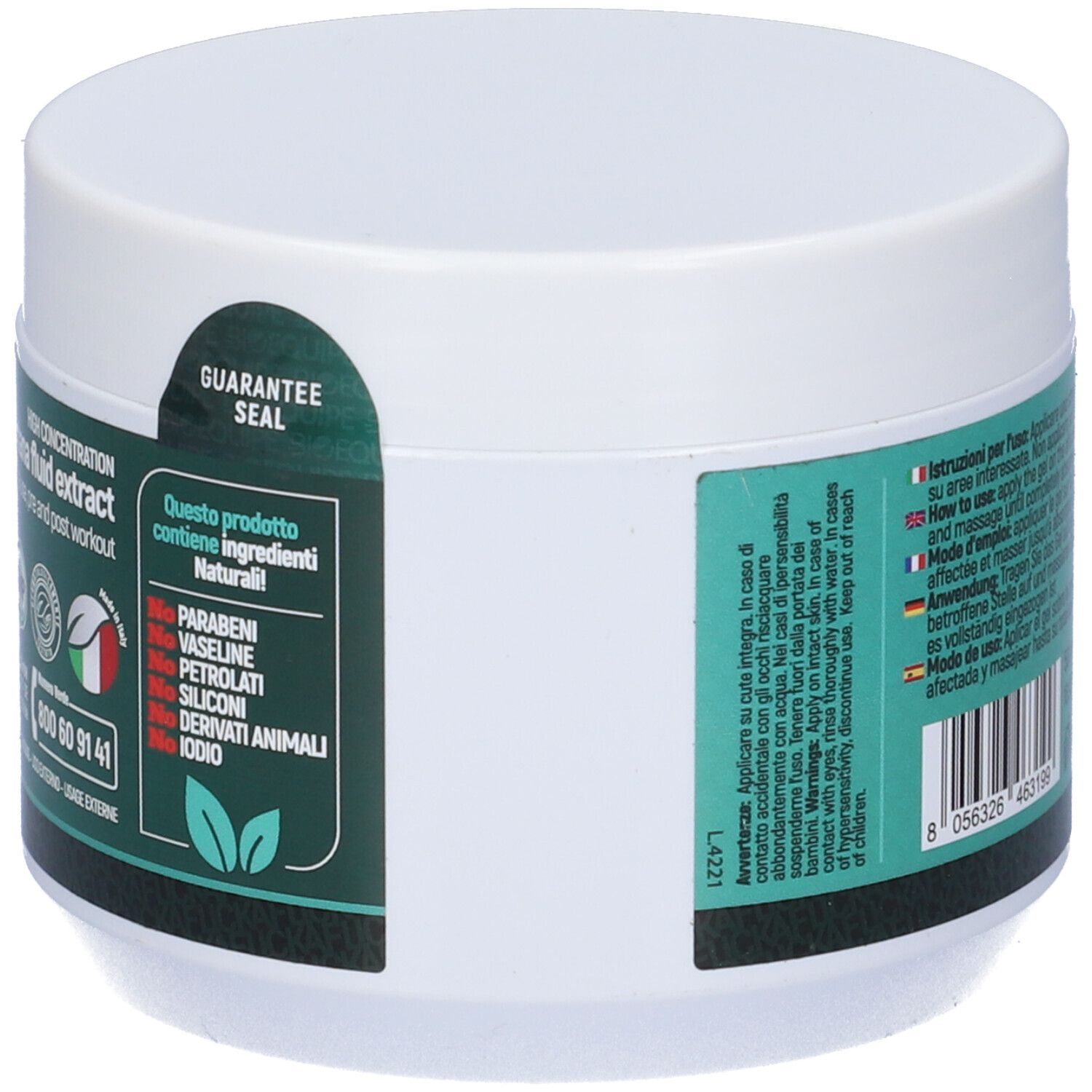 Pot blanc avec étiquette verte. Autocollant: Contient des ingrédients naturels. Sceau: Garantie.