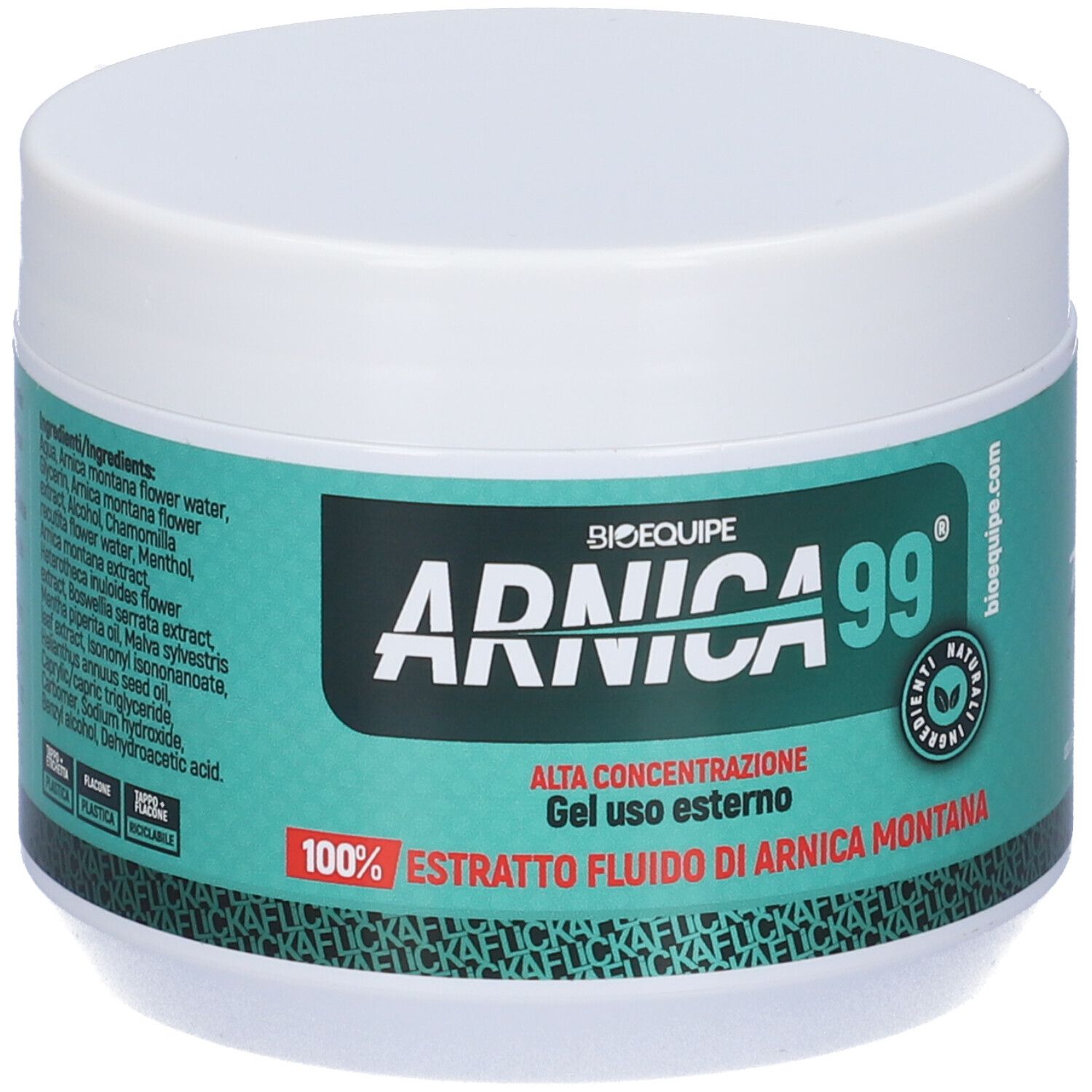 Pot blanc avec étiquette verte. Inscription: Arnica 99, Alta Concentrazione, Gel uso esterno, 100% Estratto fluido.