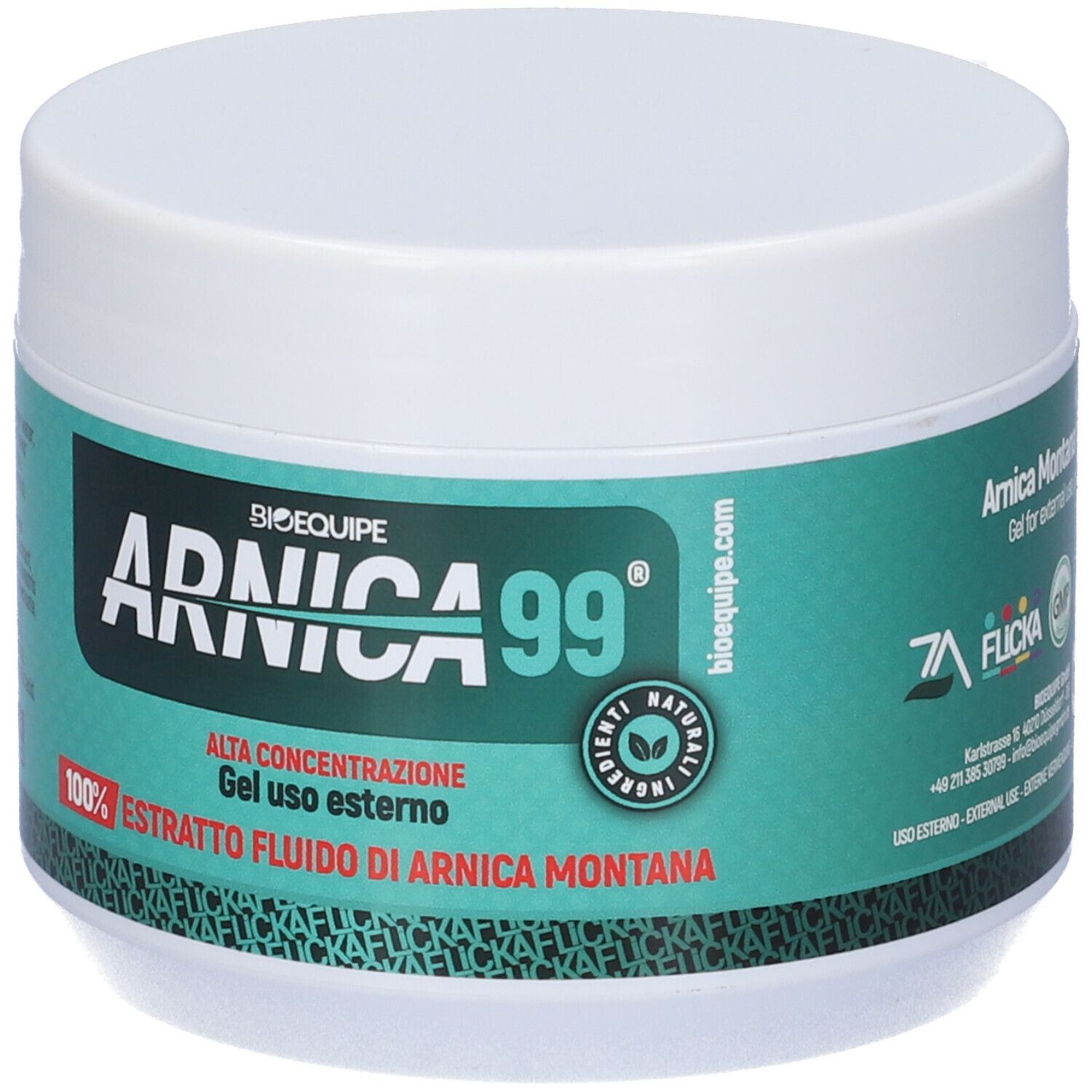 Pot blanc avec étiquette verte. Inscription: Arnica 99, Alta Concentrazione, Gel uso esterno, 100% Estratto fluido.