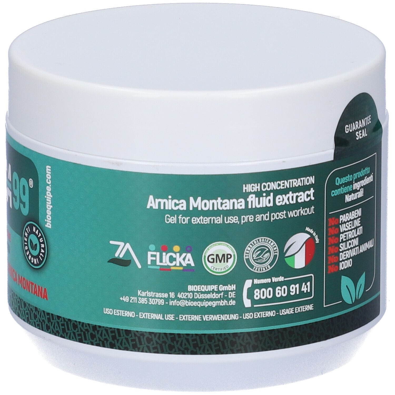 Pot blanc avec étiquette verte. Inscription: Arnica Montana fluid extract, Gel pour usage externe. Certifications.