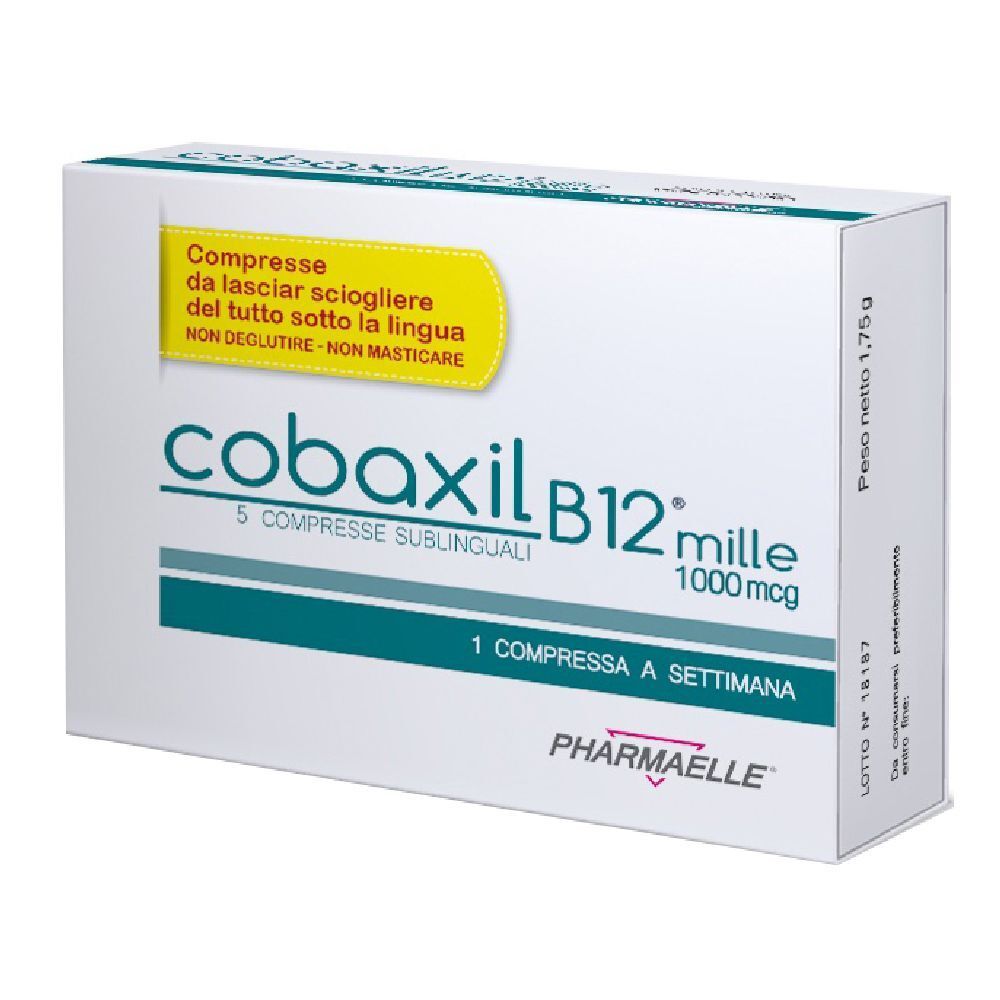 Boîte de comprimés Cobaxil B12 mille. Inscription : 5 comprimés sublinguaux, 1000 mcg, 1 comprimé par semaine. Marque : Pharmaelle.
