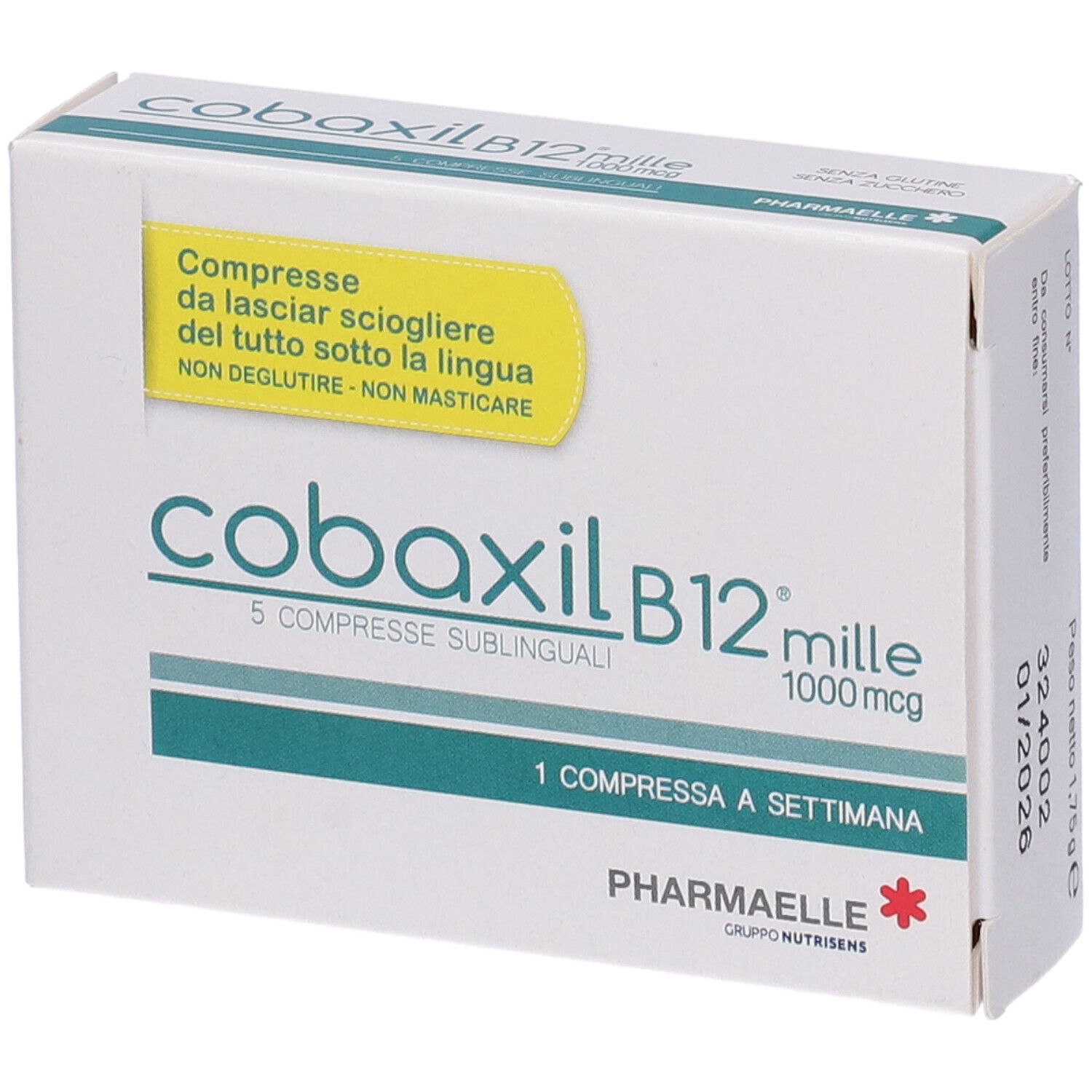 Boîte de comprimés Cobaxil B12 mille. Inscription : 5 comprimés sublinguaux, 1000 mcg, 1 comprimé par semaine. Marque : Pharmaelle.