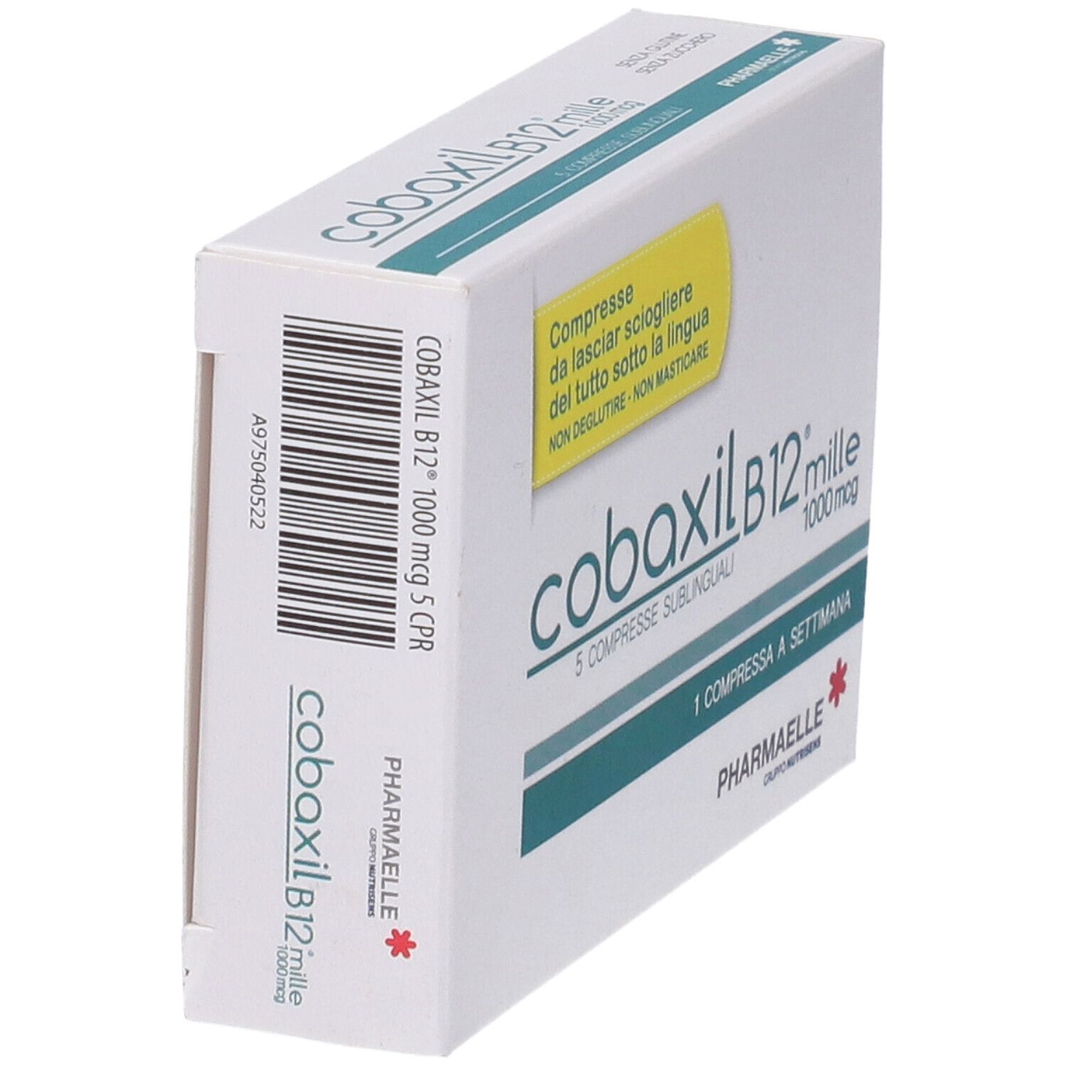 Boîte de comprimés Cobaxil B12 mille. Inscription : 5 comprimés sublinguaux, 1000 mcg, 1 comprimé par semaine. Marque : Pharmaelle.