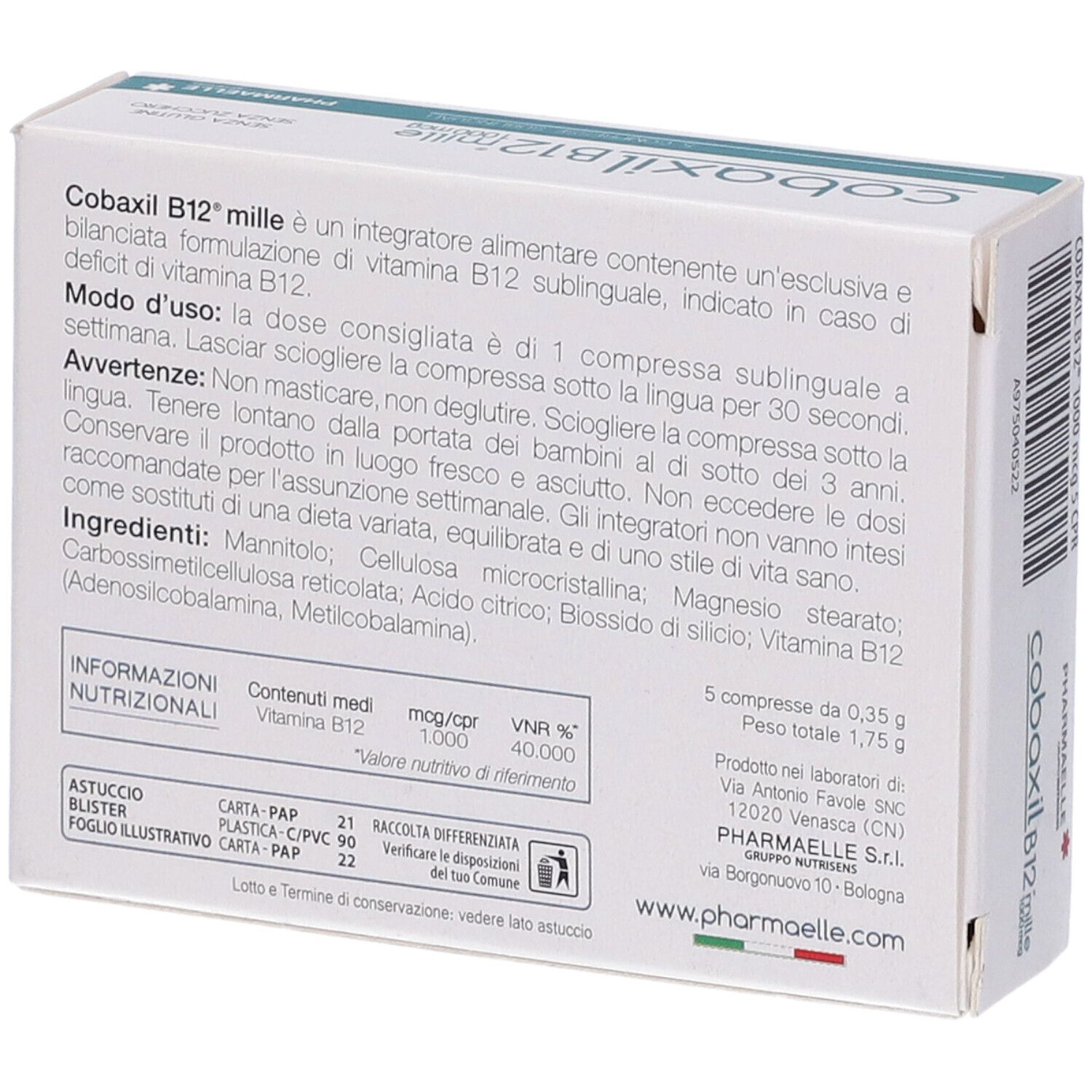 Dos de la boîte de comprimés Cobaxil B12 mille. Texte avec informations nutritionnelles et ingrédients. Marque : Pharmaelle.