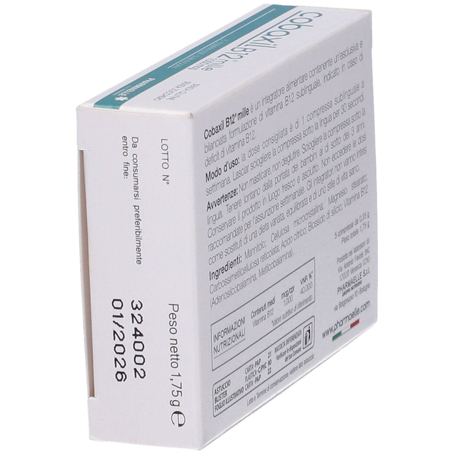 Dos de la boîte de comprimés Cobaxil B12 mille. Texte avec date de péremption et informations nutritionnelles. Marque : Pharmaelle.