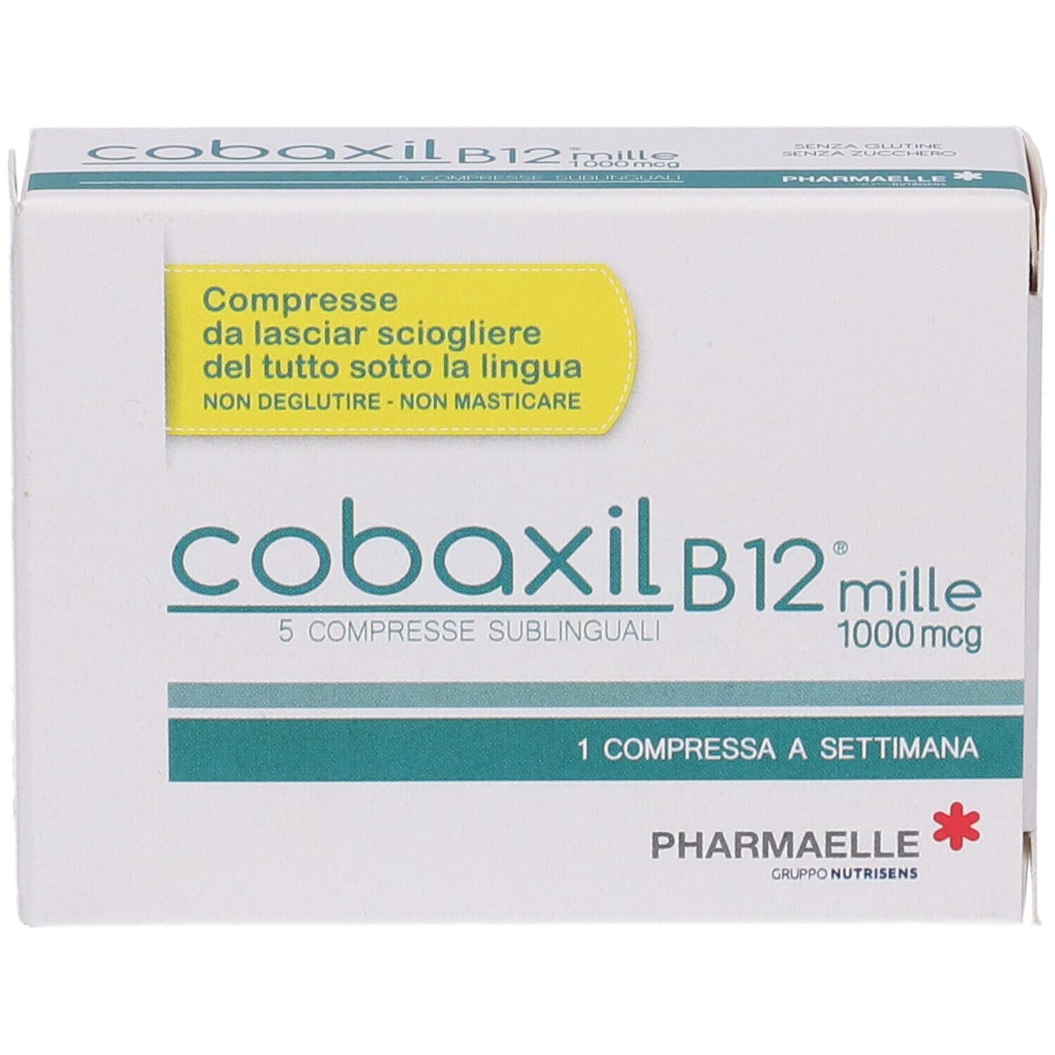 Boîte de comprimés Cobaxil B12 mille. Inscription : 5 comprimés sublinguaux, 1000 mcg, 1 comprimé par semaine. Marque : Pharmaelle.