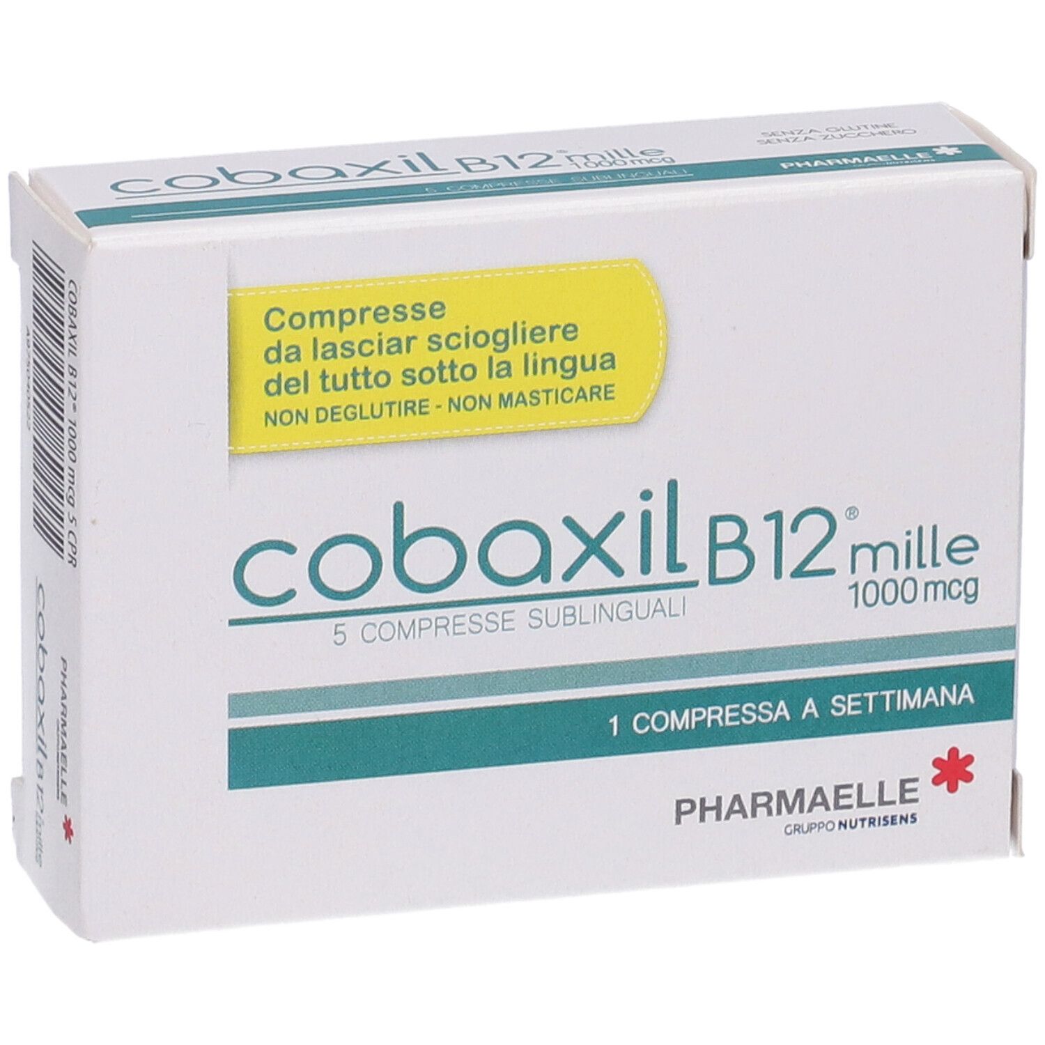 Boîte de comprimés Cobaxil B12 mille. Inscription : 5 comprimés sublinguaux, 1000 mcg, 1 comprimé par semaine. Marque : Pharmaelle.