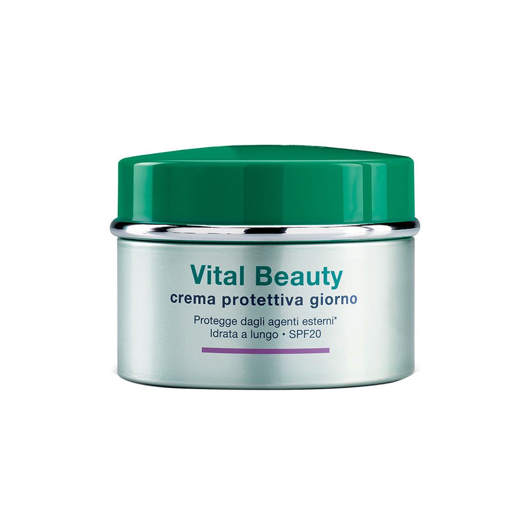 Creme-Tiegel mit grünem Deckel und silberfarbenem Behälter. Aufschrift: Vital Beauty, crema protettiva giorno, SPF20.
