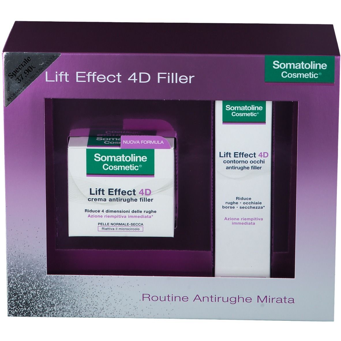 Coffret Somatoline Cosmetic® Life-Effekt. Emballage violet. Crème et contour des yeux Lift Effect 4D Filler. Marque visible.