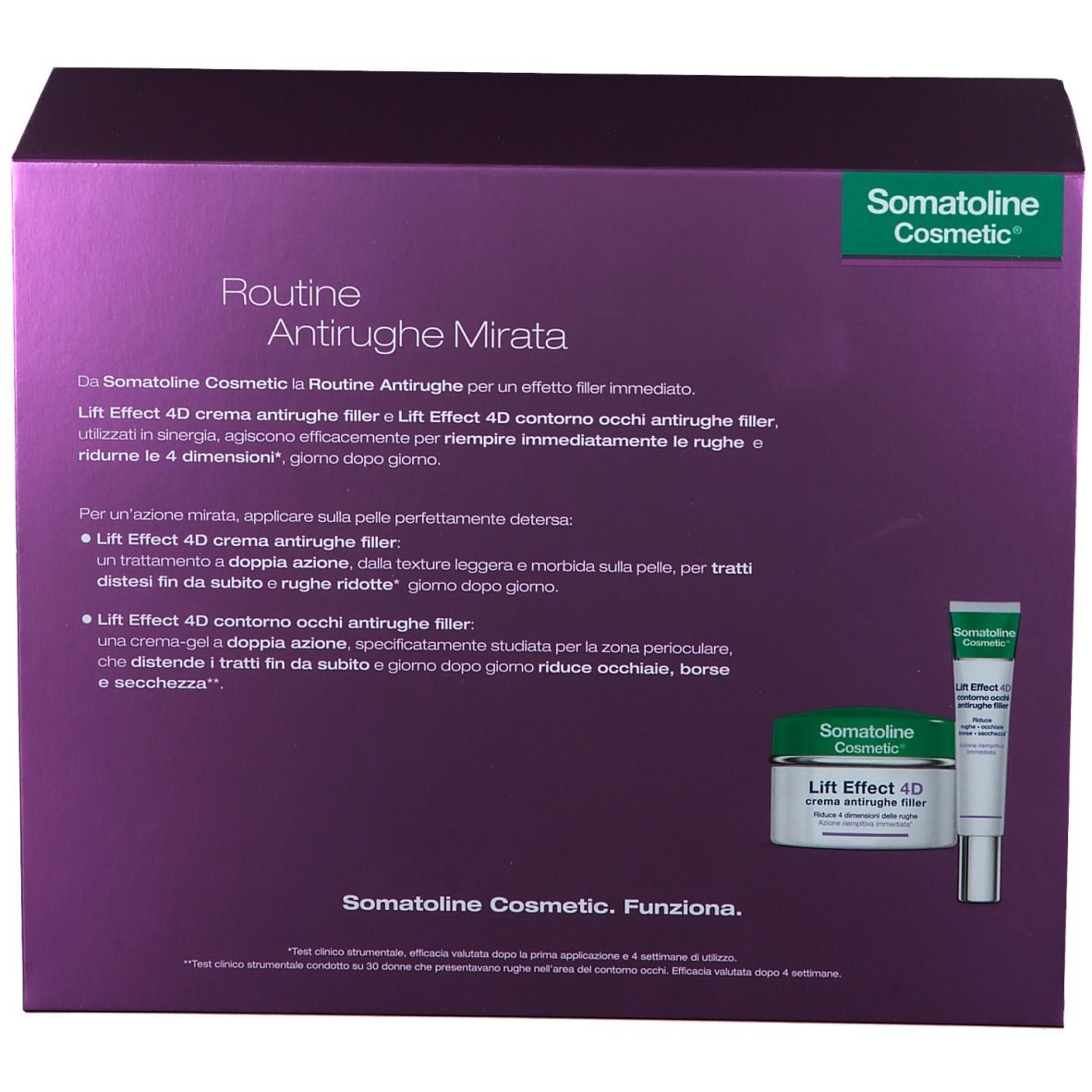 Dos du coffret Somatoline Cosmetic® Life-Effekt. Texte et illustrations des produits Lift Effect 4D Filler: crème et contour des yeux.