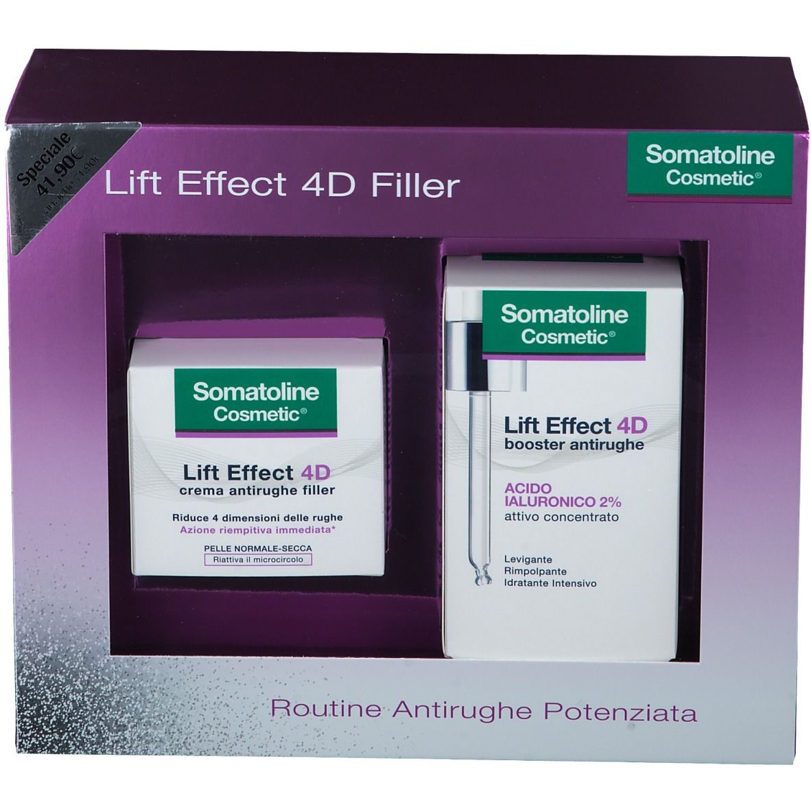 Kosmetik-Set mit zwei Produkten: Creme und Serum. Beide mit weißer Verpackung und grüner Schrift. Aufschrift: Somatoline Cosmetic Lift Effect 4D.