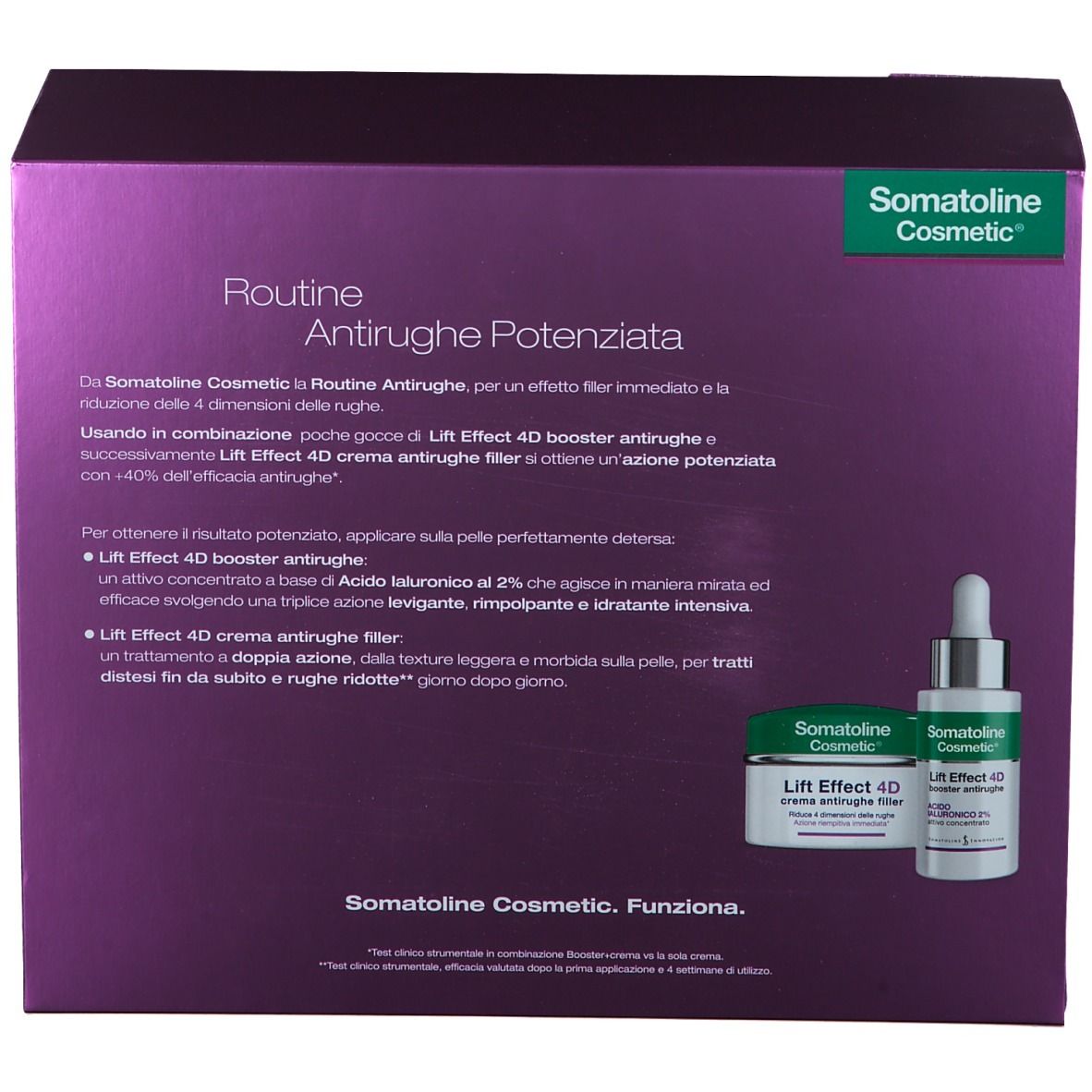 Rückseite der Verpackung des Somatoline Cosmetic Lift Effect 4D Sets. Text in italienischer Sprache. Produkte: Creme und Serum.