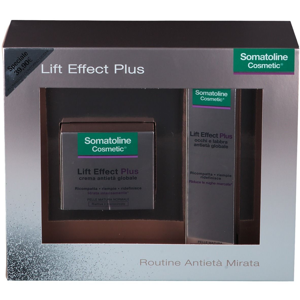 Coffret cadeau avec deux produits. Emballage sombre avec nom et logo. Crème et soin des yeux visibles.