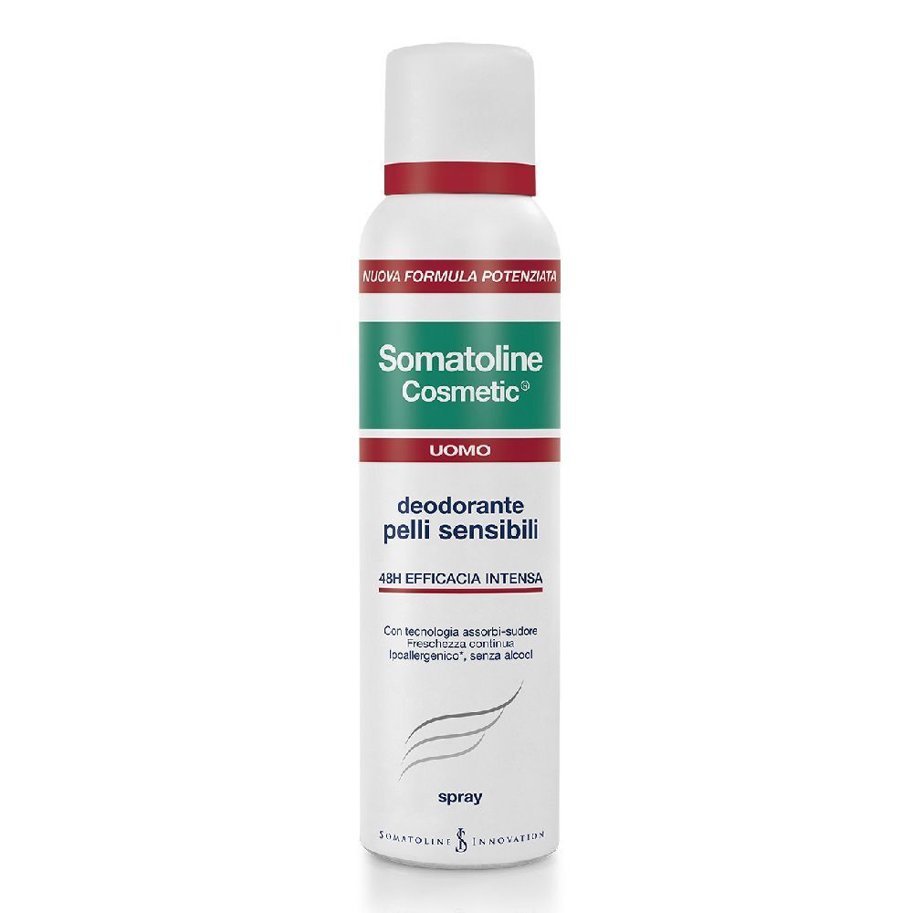 Somatoline Cosmetic Deodorant für empfindliche Männer. Weiße Sprühflasche mit rotem und grünem Band. Text.