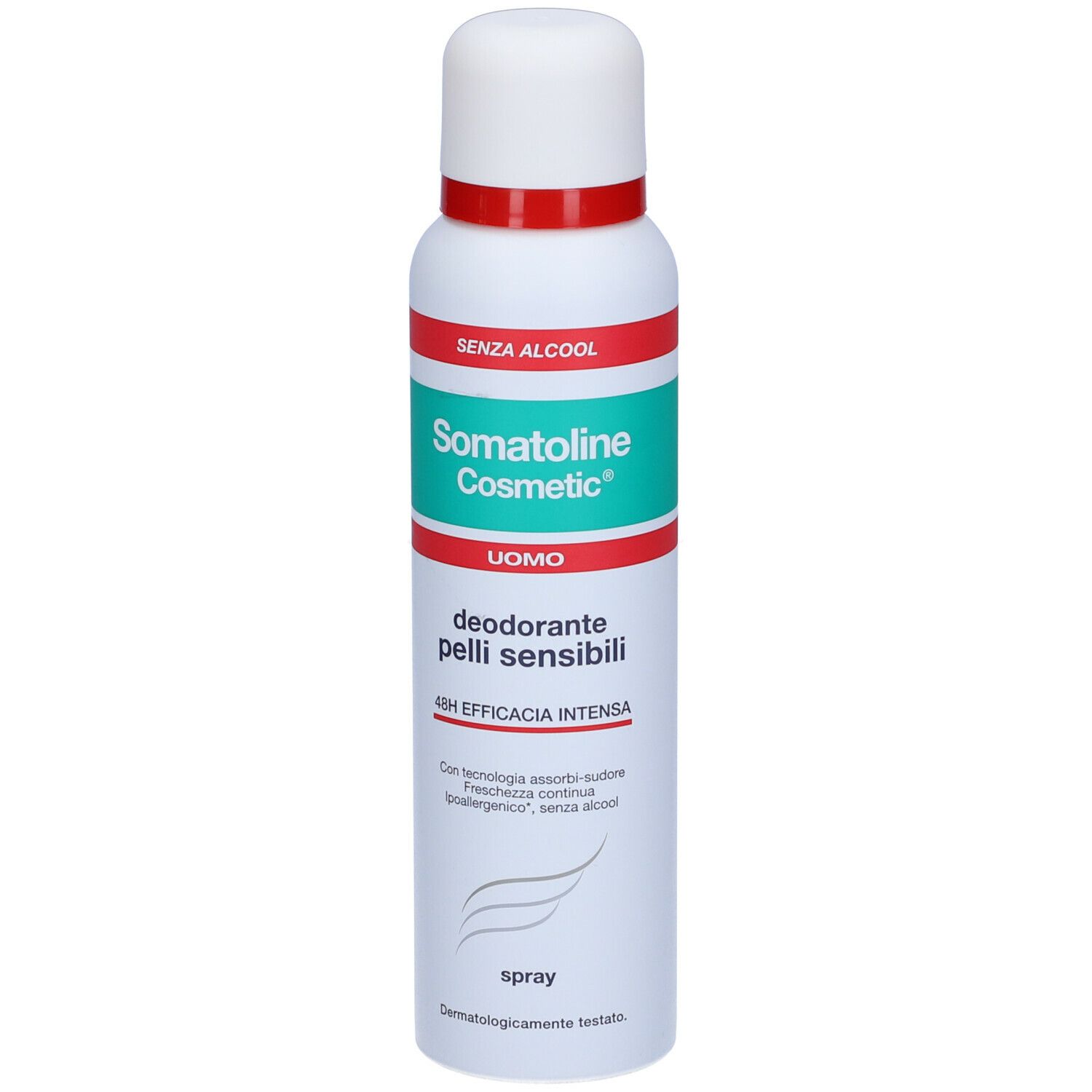 Somatoline Cosmetic Deodorant für empfindliche Männer. Weiße Sprühflasche mit rotem und grünem Band. Text.