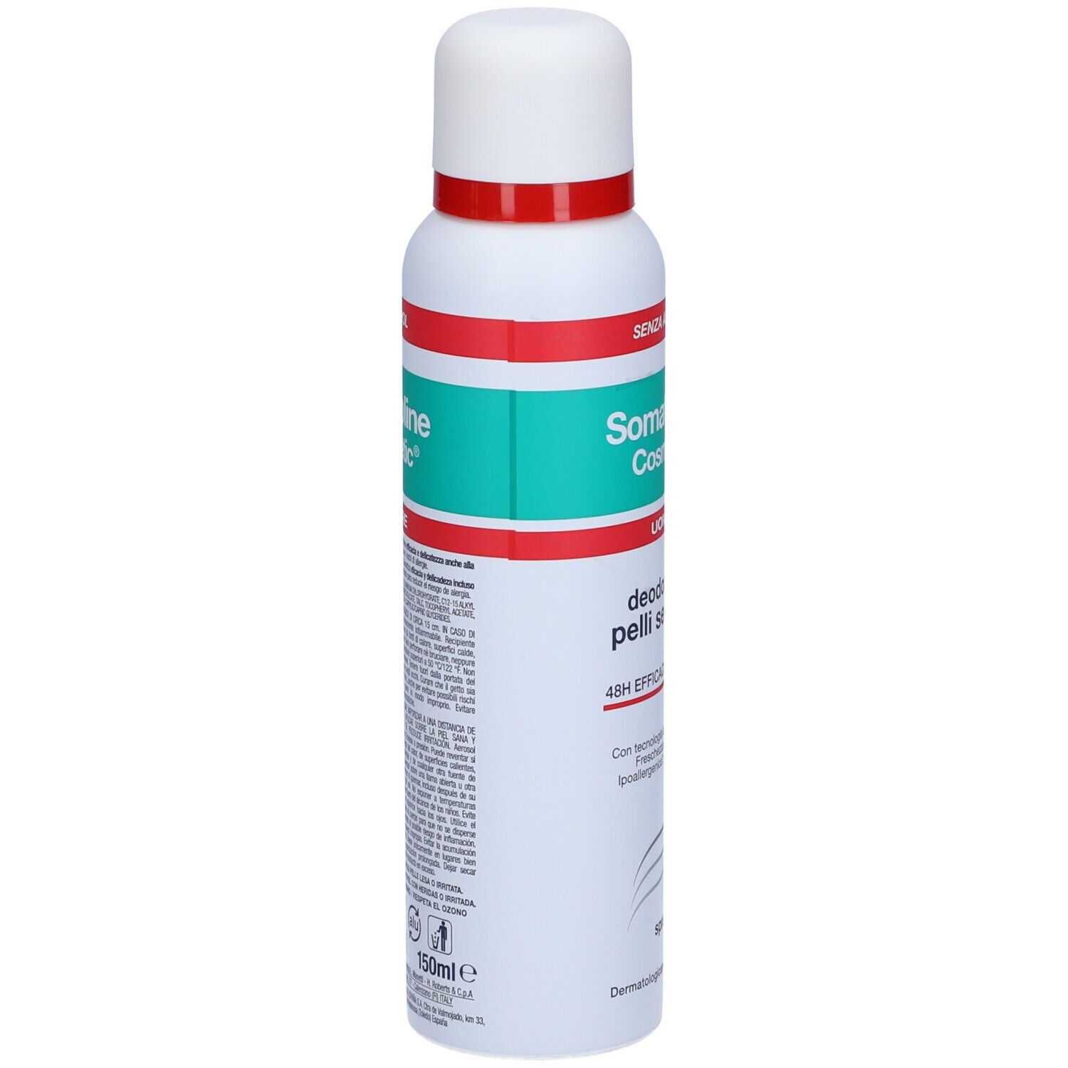 Somatoline Cosmetic Deodorant für empfindliche Männer. Weiße Sprühflasche mit rotem und grünem Band. Text.