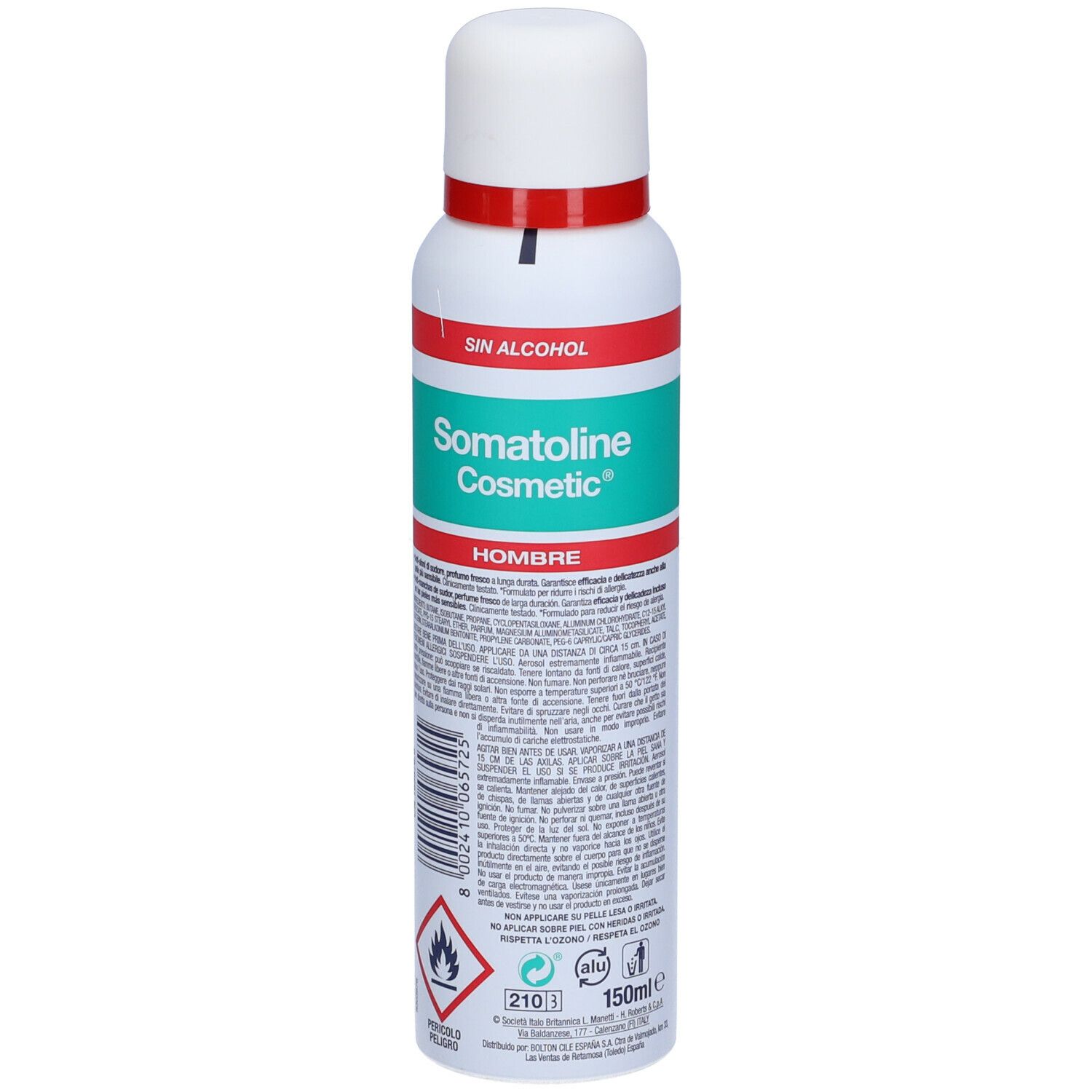Somatoline Cosmetic Deodorant für empfindliche Männer. Weiße Sprühflasche mit rotem und grünem Band. Text.