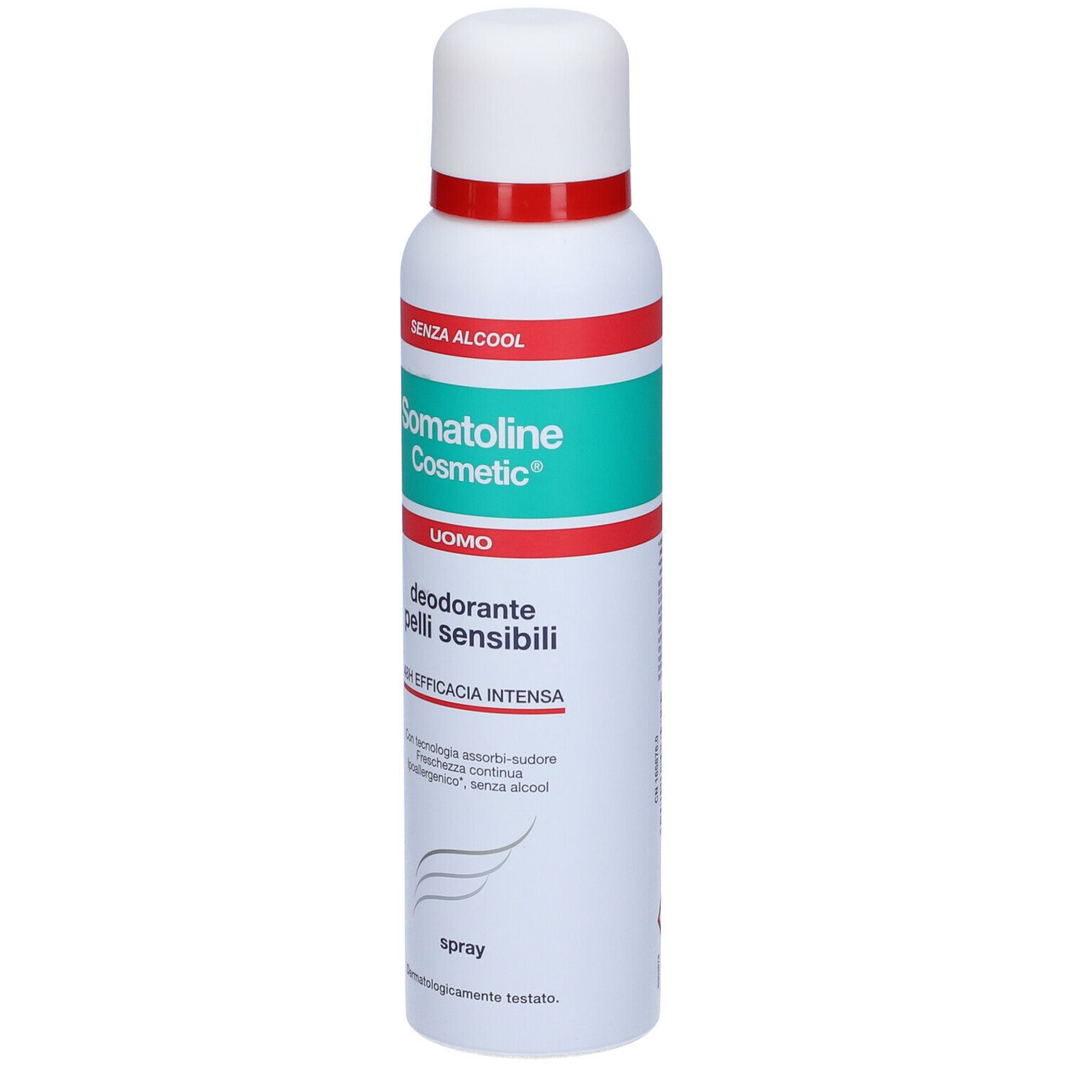 Somatoline Cosmetic Deodorant für empfindliche Männer. Weiße Sprühflasche mit rotem und grünem Band. Text.