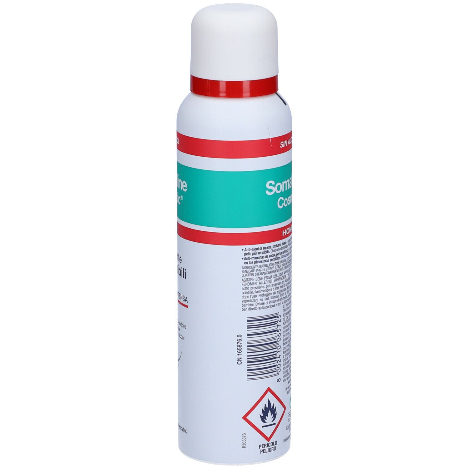Somatoline Cosmetic Deodorant für empfindliche Männer. Weiße Sprühflasche mit rotem und grünem Band. Text.