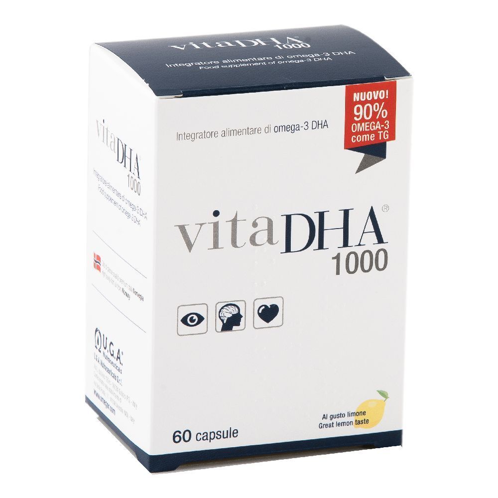 Boîte blanche "vitaDHA 1000" avec 60 capsules. Icônes: œil, cerveau, cœur. Contient 90% d'oméga-3.